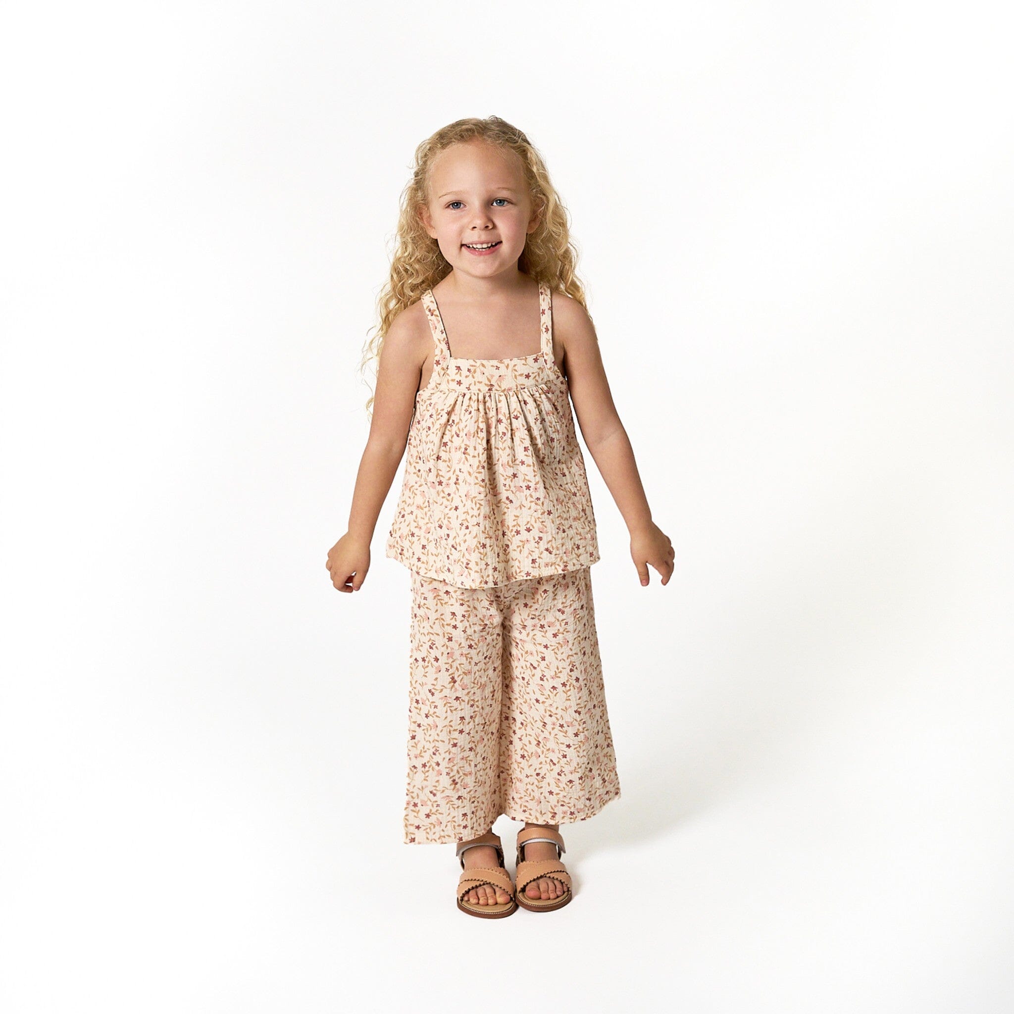 2-Piece Infant & Toddler Girls Beige Vine Floral Cropped Pants Set - Image 2
