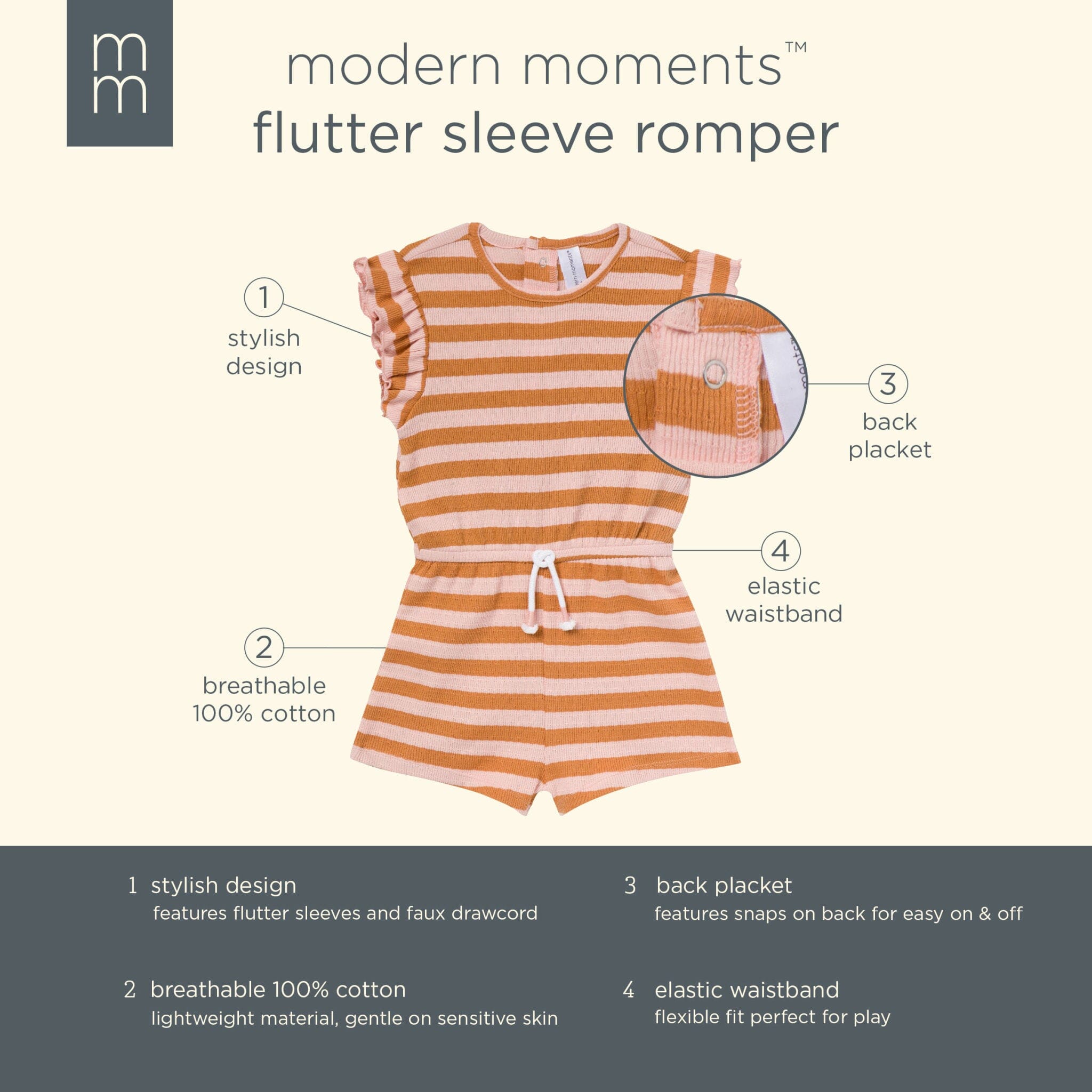 Infant & Toddler Girls Rose Stripe Flutter Sleeve Romper - Image 7