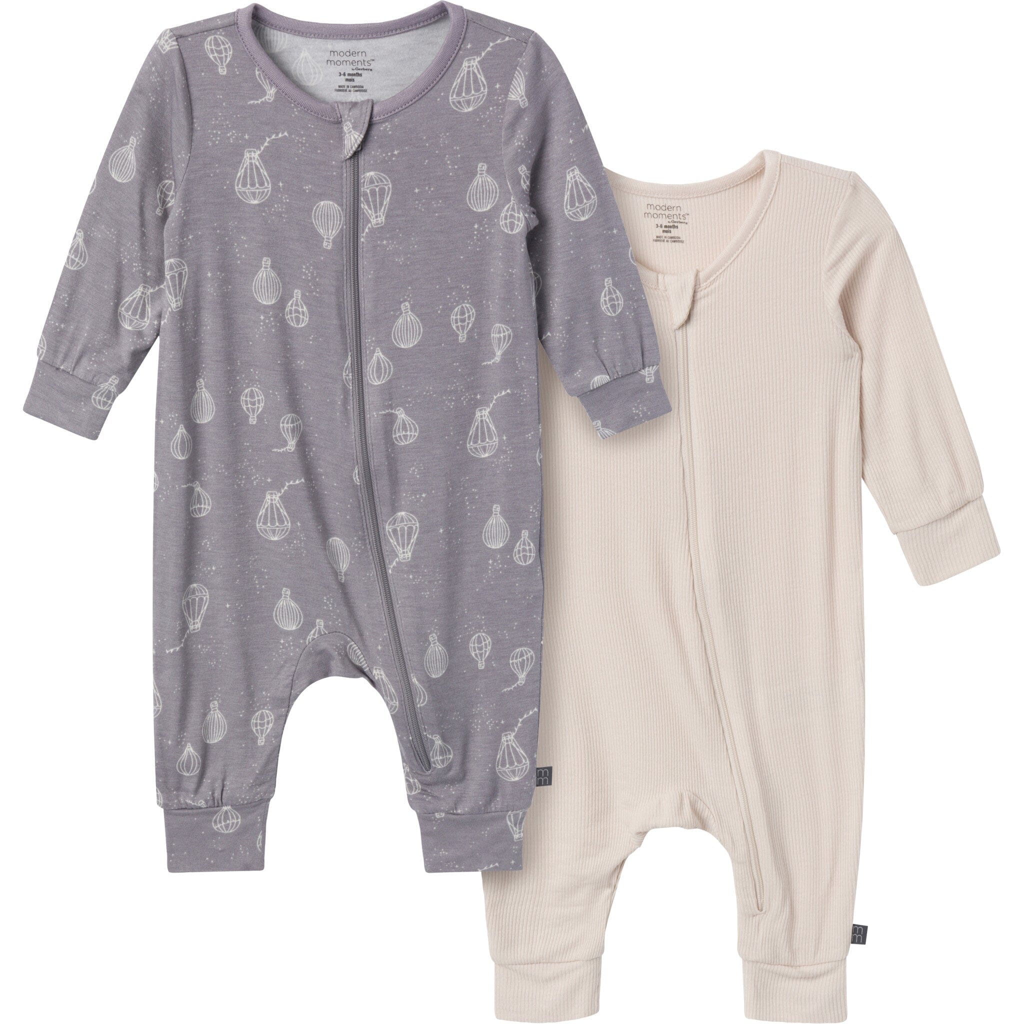 2-Pack Baby Neutral Hot Air Balloon Zip Front Viscose Rompers