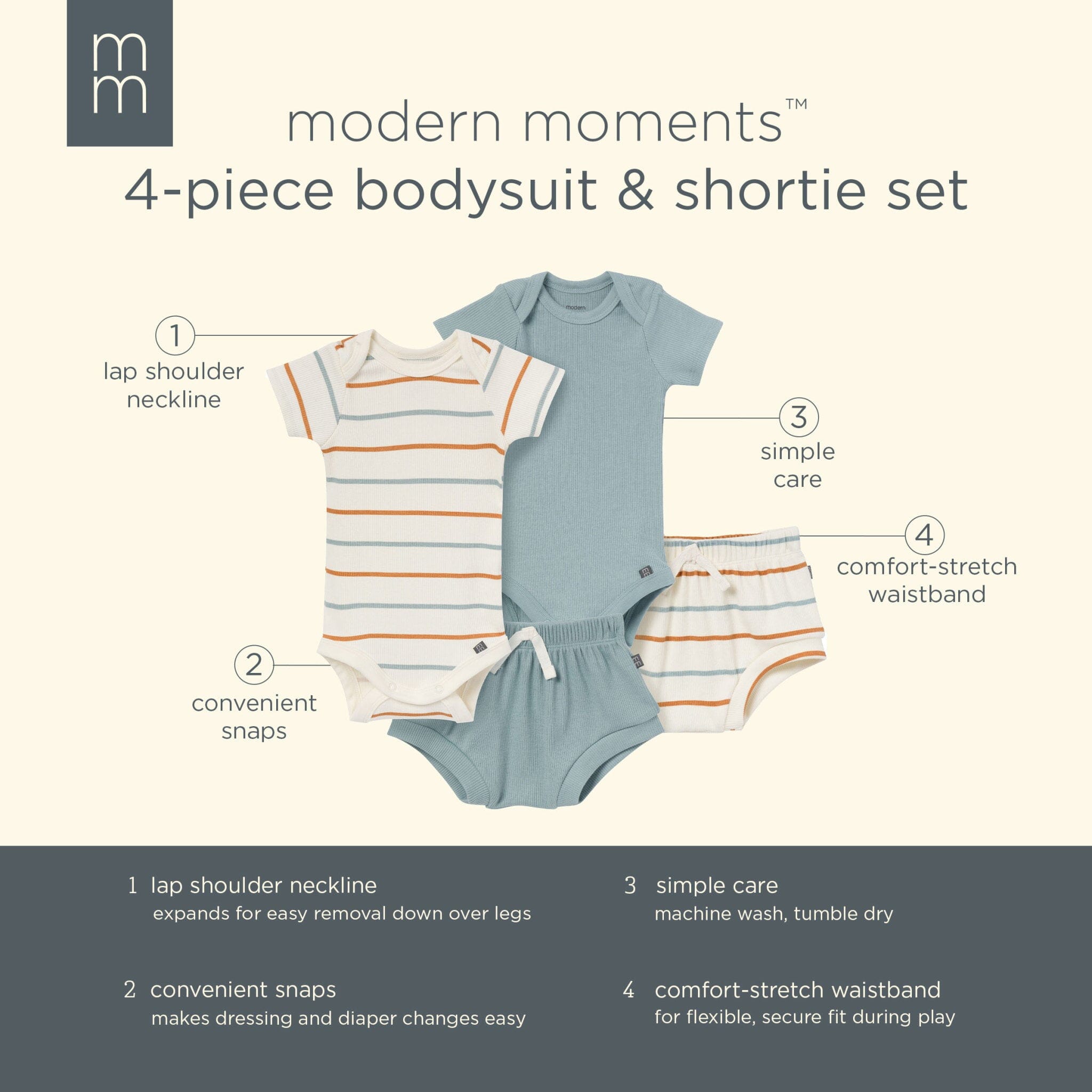 4-Piece Baby Boys Ivory Stripe Short Sleeve Bodysuits and Shorts Set - Image 11