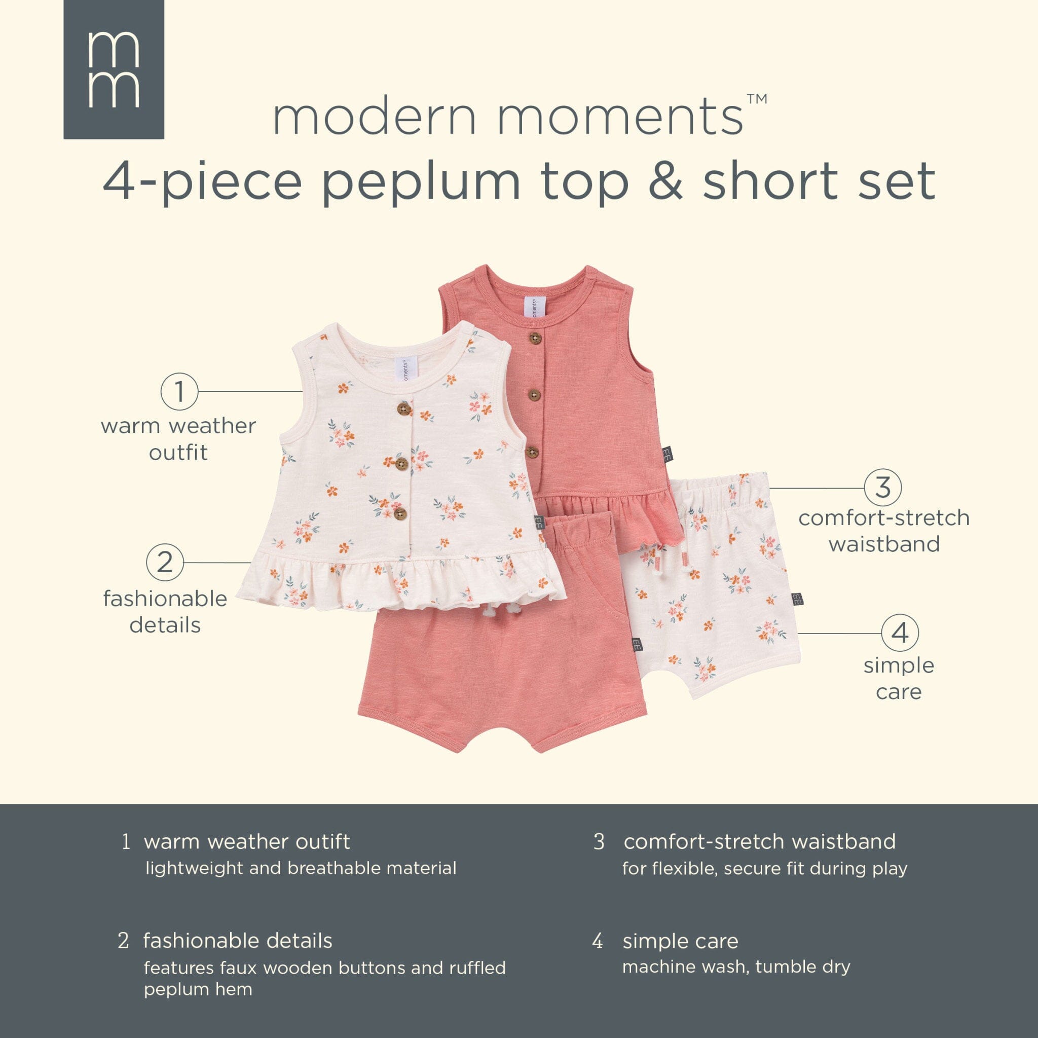 4-Piece Baby Girls Flower Bunches Sleeveless Peplum Tops and Shorts Set - Image 13