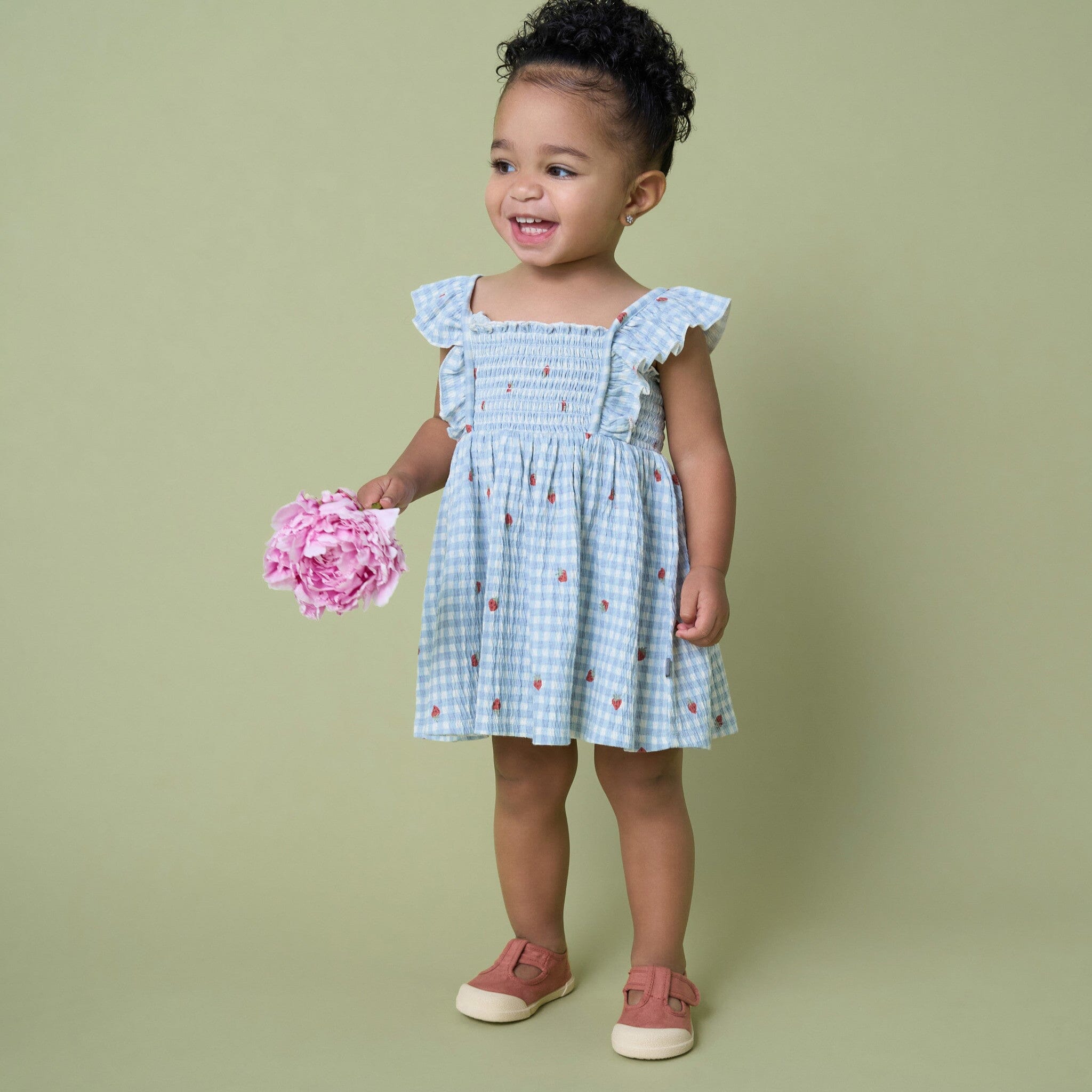 2-Piece Baby Girls Strawberry Gingham Ruffle Sleeve Dress and Diaper Cover Set - Image 2