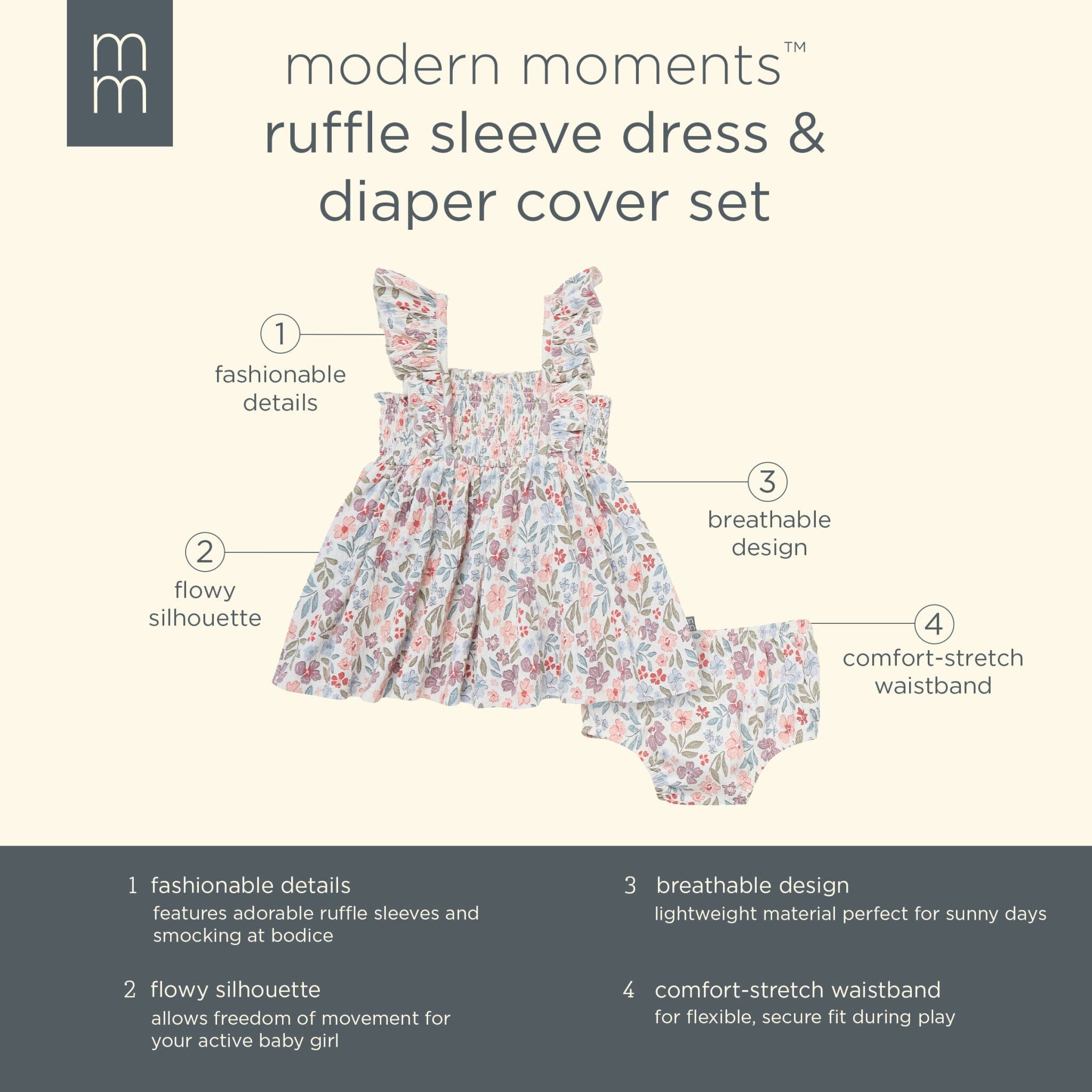 2-Piece Baby Girls Ivory Garden Ruffle Sleeve Dress and Diaper Cover Set - Image 9