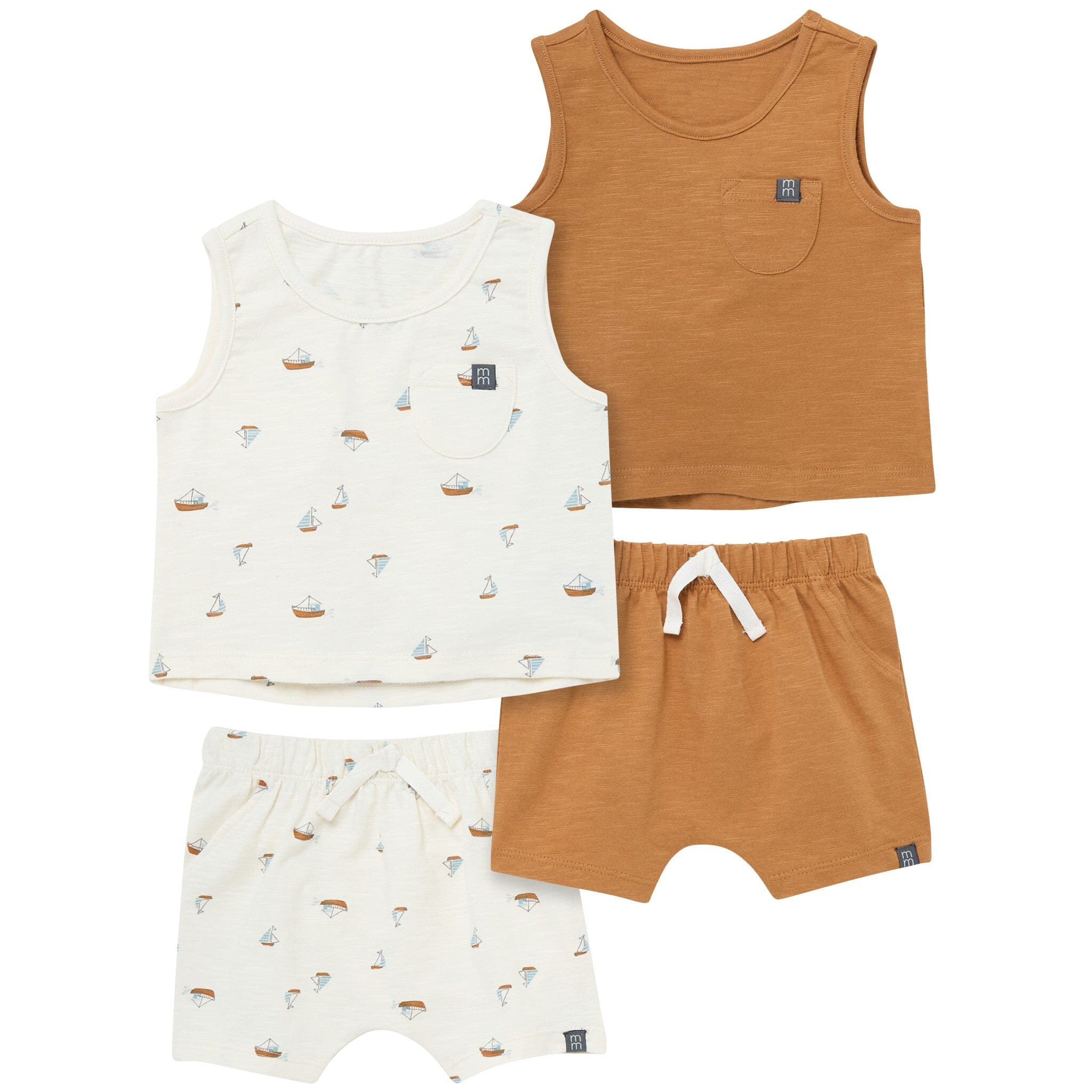 4-Piece Baby Boys Ivory Sailboats Sleeveless Shirts and Shorts Set