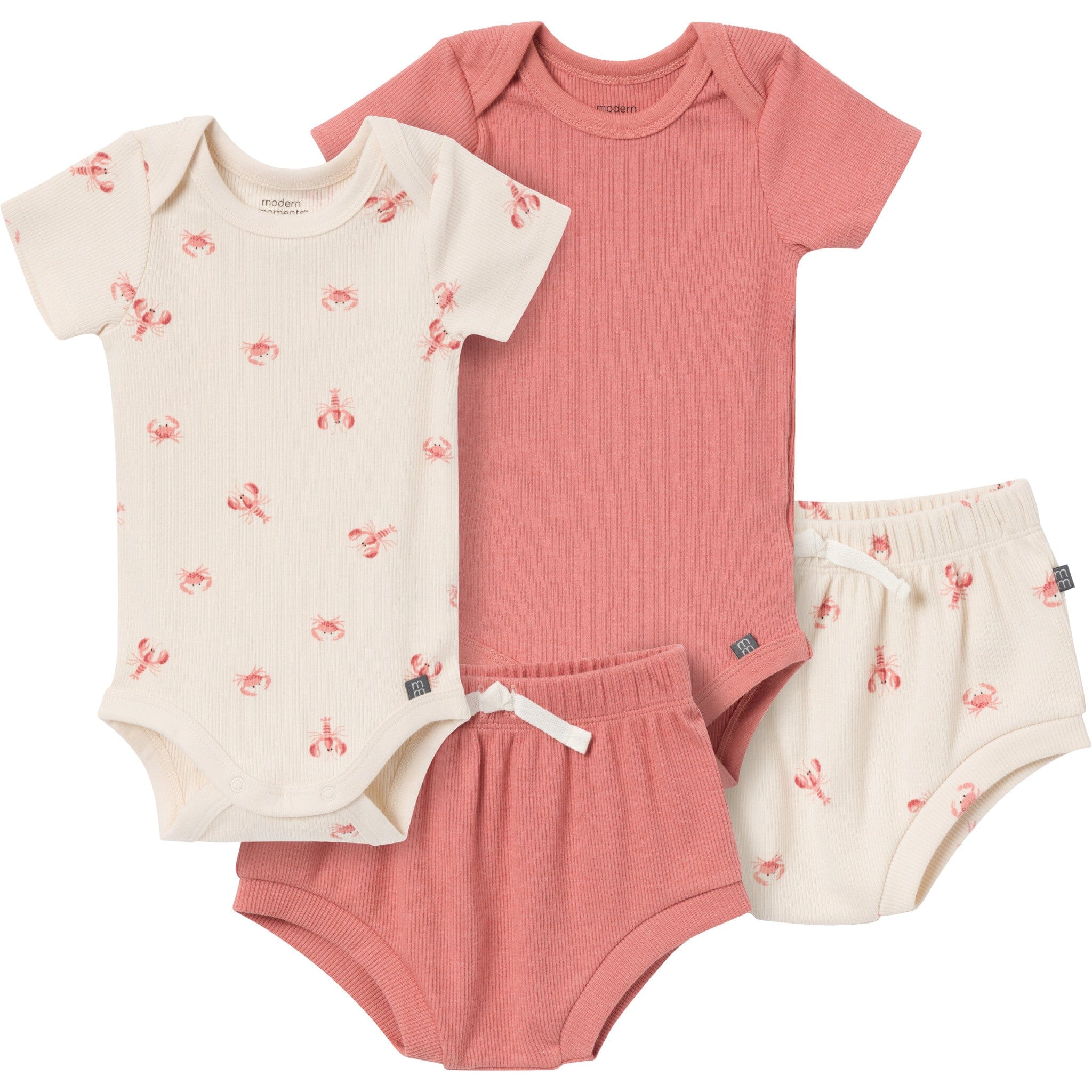 4-Piece Baby Neutral Beige Lobster Short Sleeve Bodysuits and Shorts Set