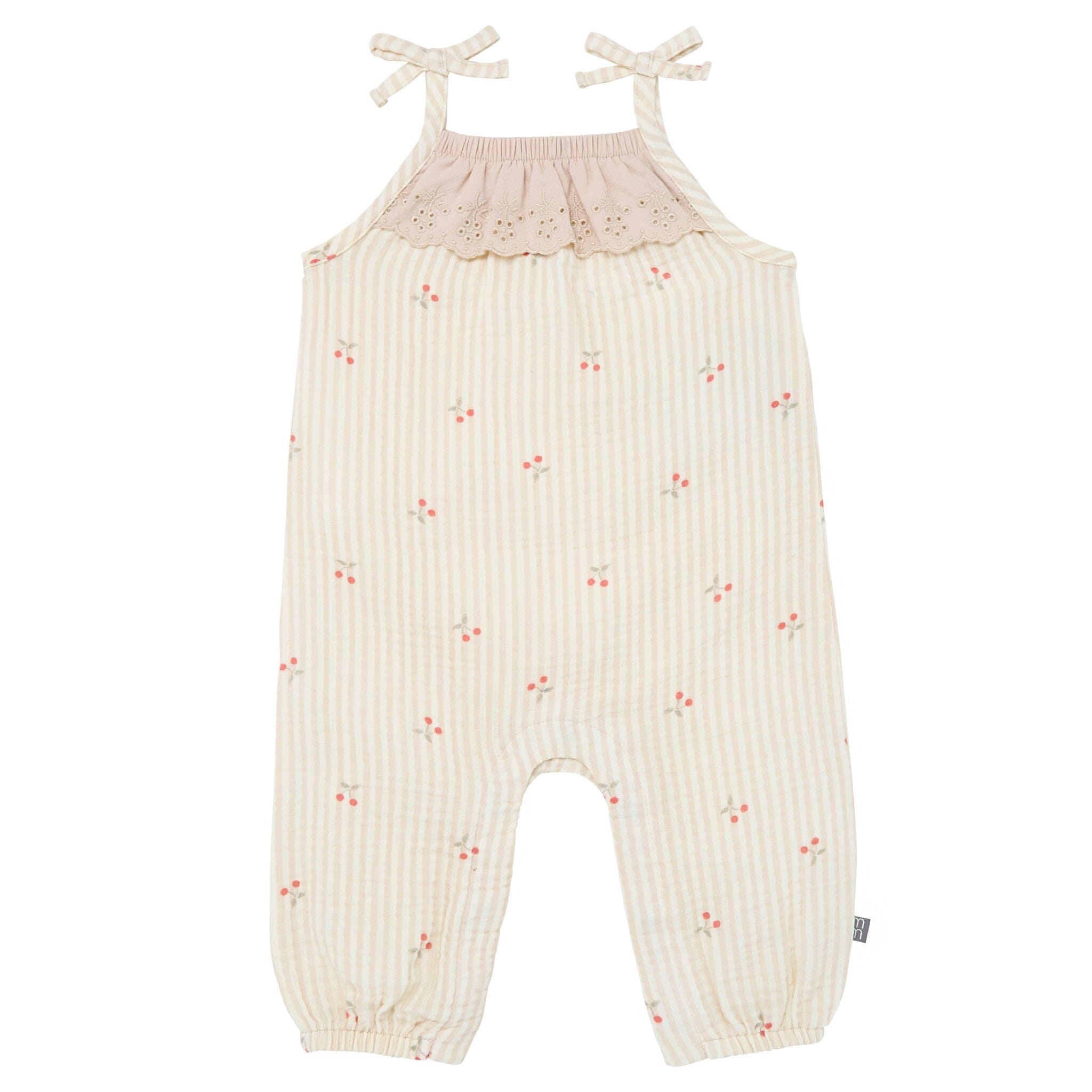 Baby Girls Beige Cherry Stripe Sleeveless Ruffle Romper