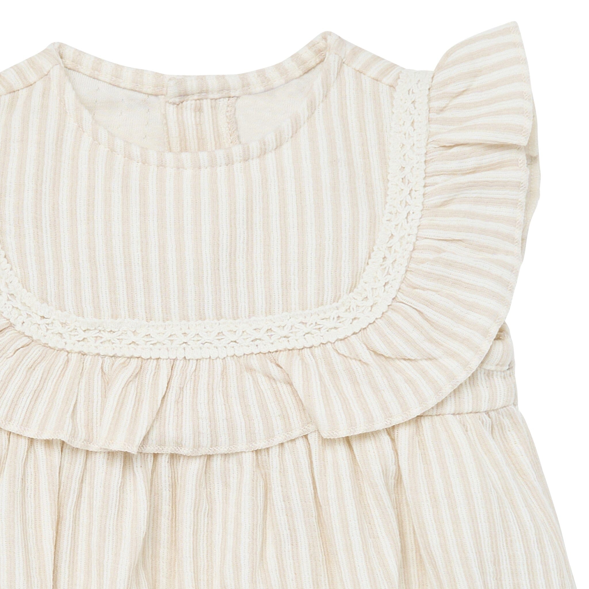 Baby Girls Light Taupe Stripe Ruffle Bubble Romper - Image 2
