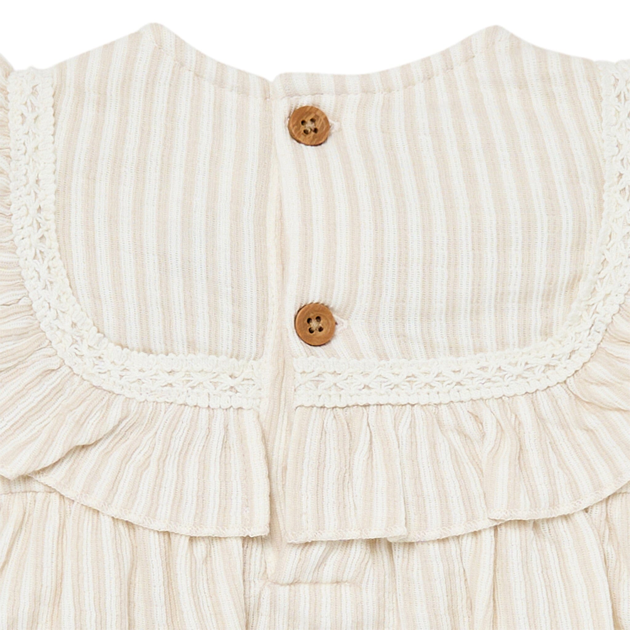 Baby Girls Light Taupe Stripe Ruffle Bubble Romper - Image 5