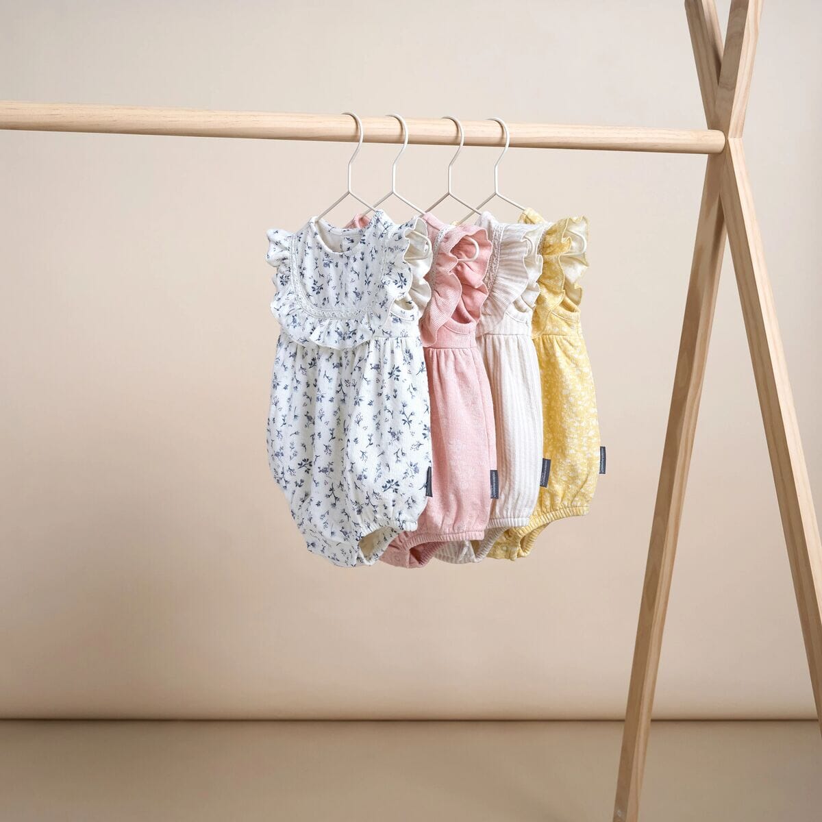 Baby Girls Light Taupe Stripe Ruffle Bubble Romper - Image 6