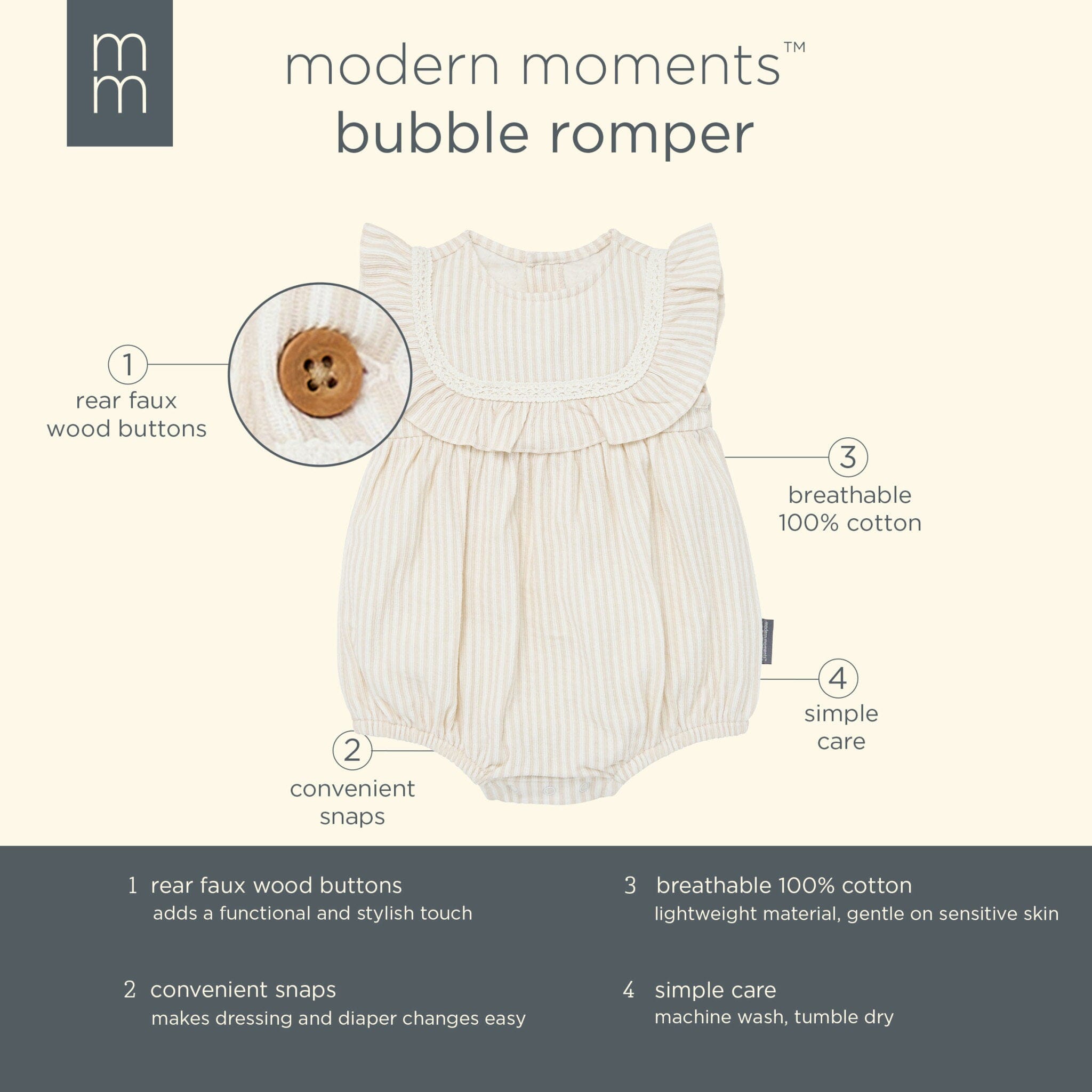 Baby Girls Light Taupe Stripe Ruffle Bubble Romper - Image 7