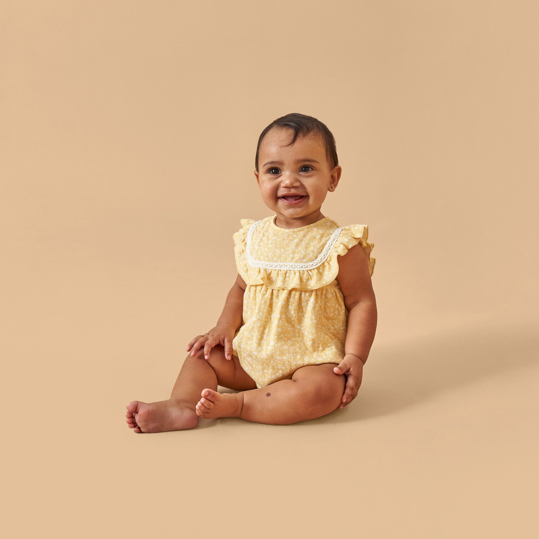 Baby Girls Yellow Vine Flower Ruffle Bubble Romper - Image 2