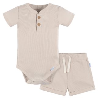 2-Piece Baby Boys Beige Bodysuit and Shorts Set