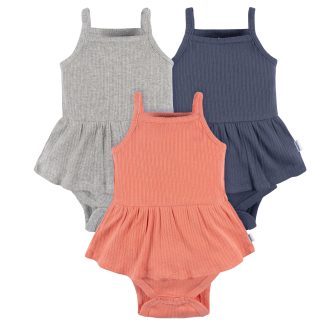 3-Pack Baby Girls Coral, Gray, & Navy Sleeveless Skirted Onesies® Bodysuits