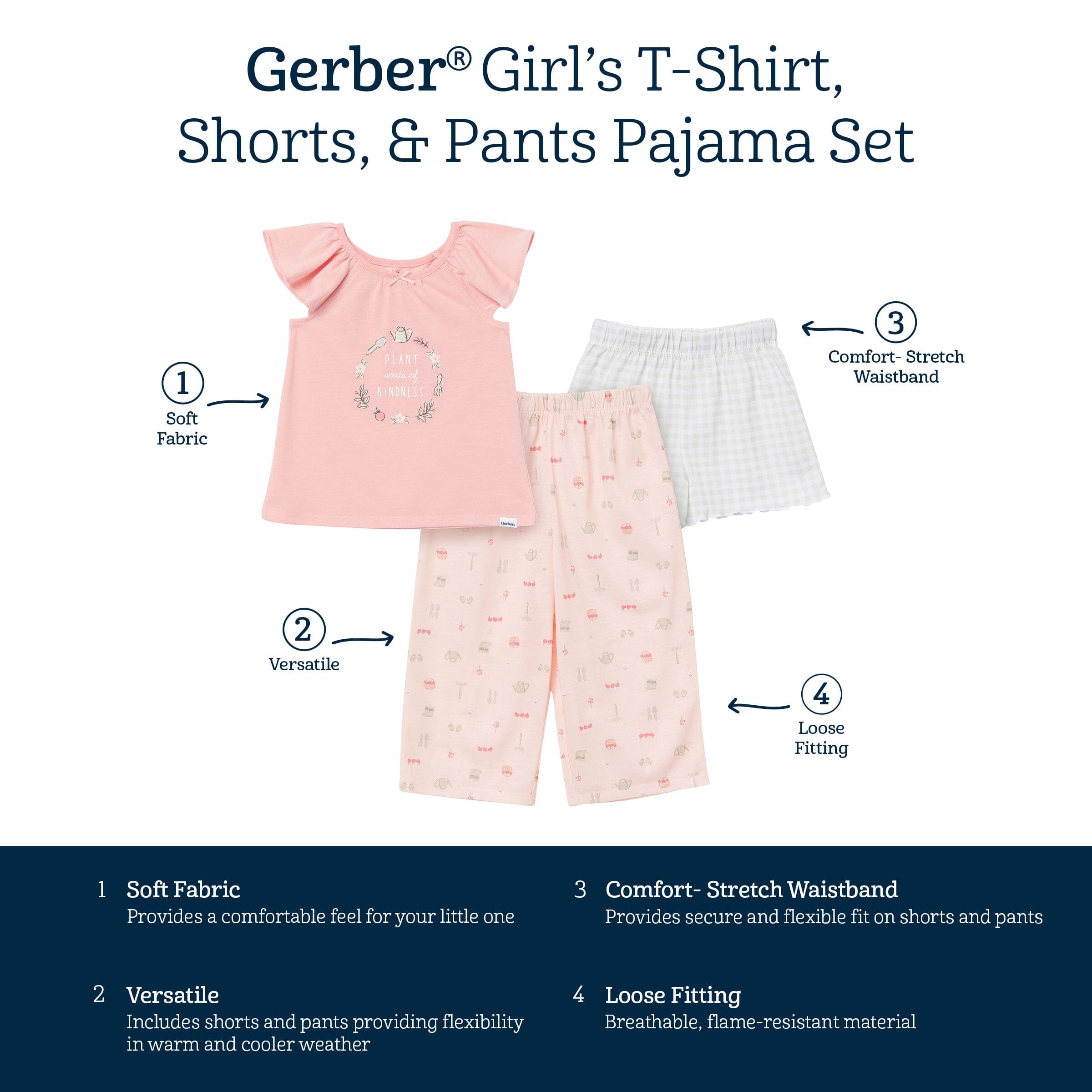 3-Piece Toddler Girls Gardening T-Shirt, Shorts & Pants Pajama Set - Image 11