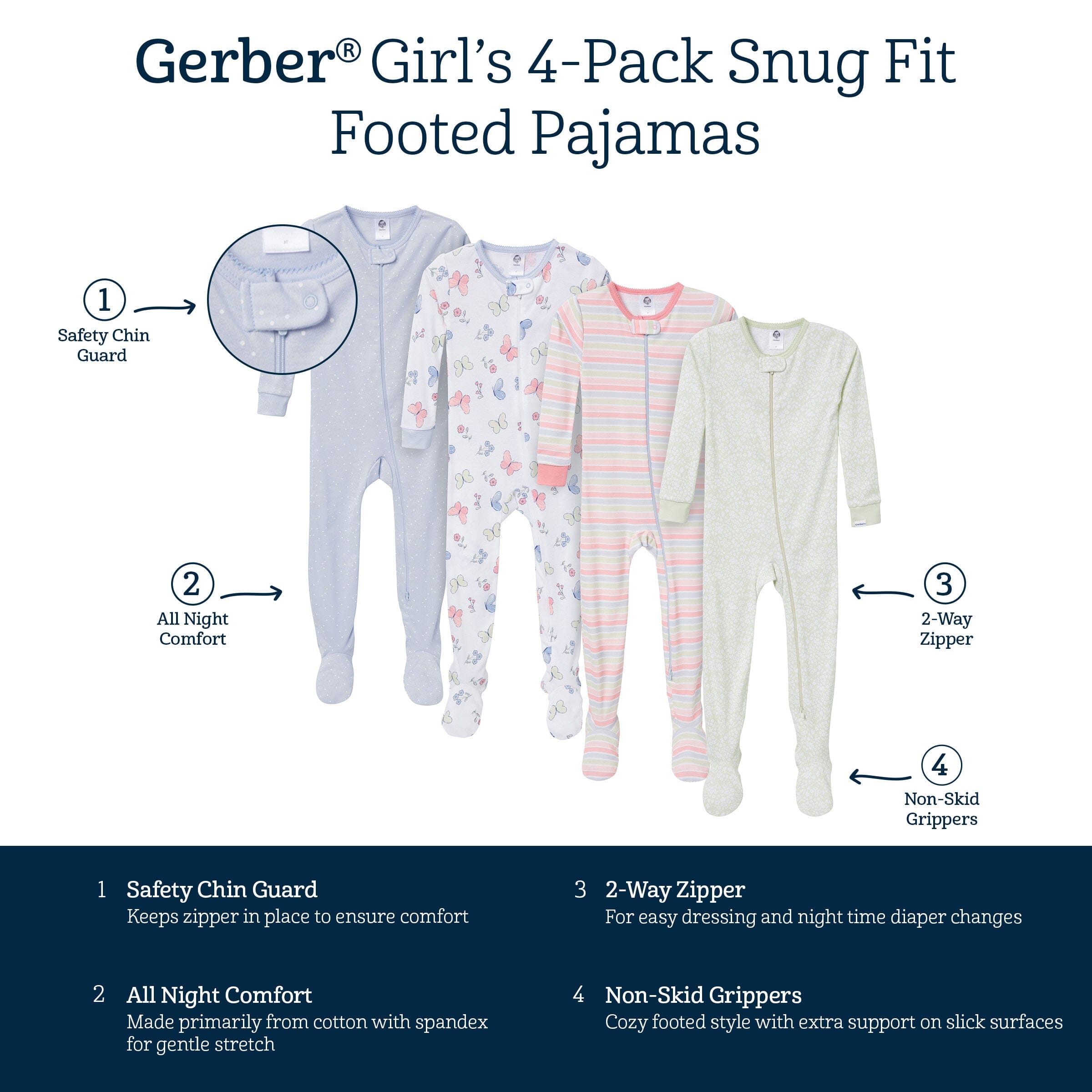 4-Pack Baby & Toddler Girls Butterflies Snug Fit Footed Pajamas - Image 9
