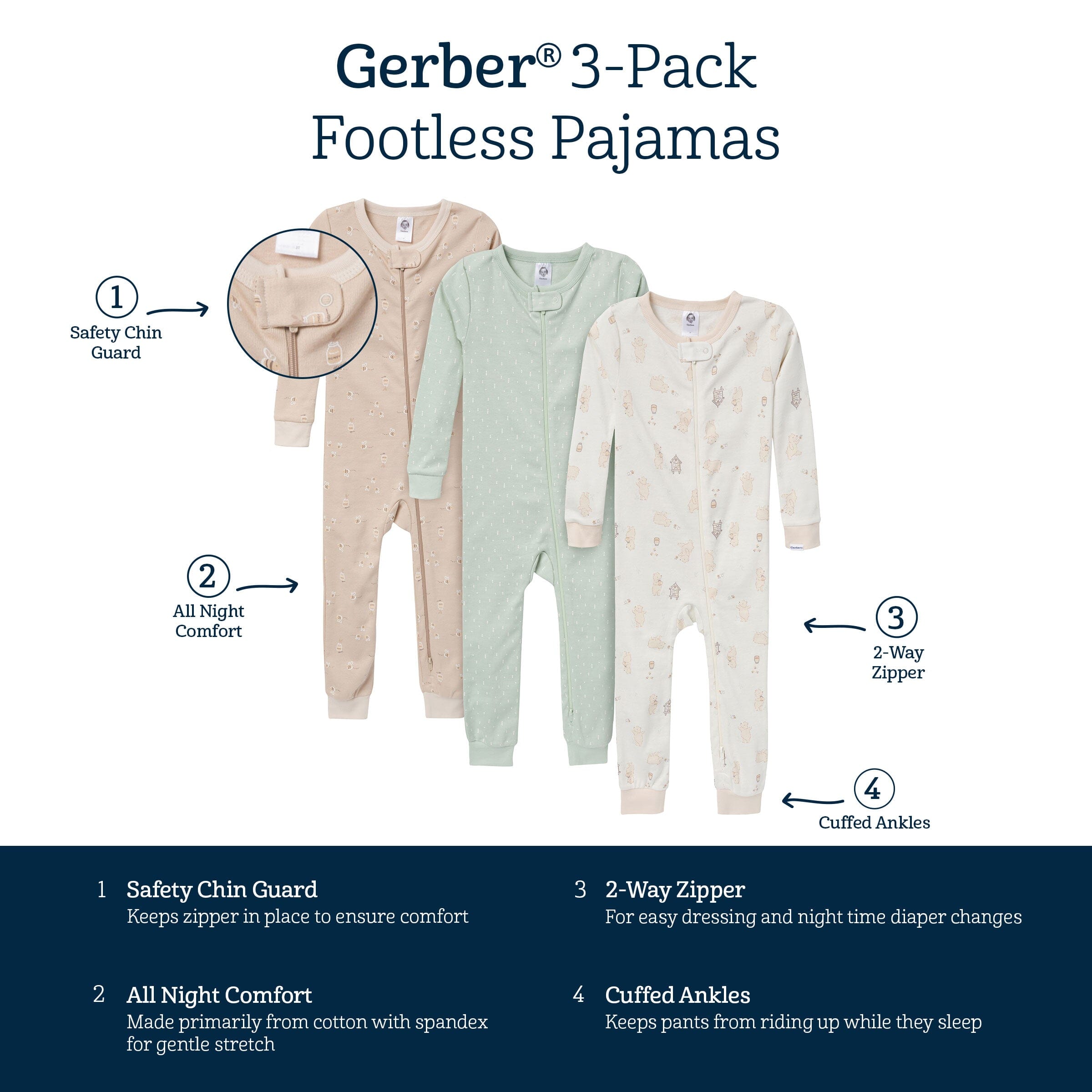 3-Pack Baby & Toddler Neutral Bear Snug Fit Footless Pajamas - Image 10