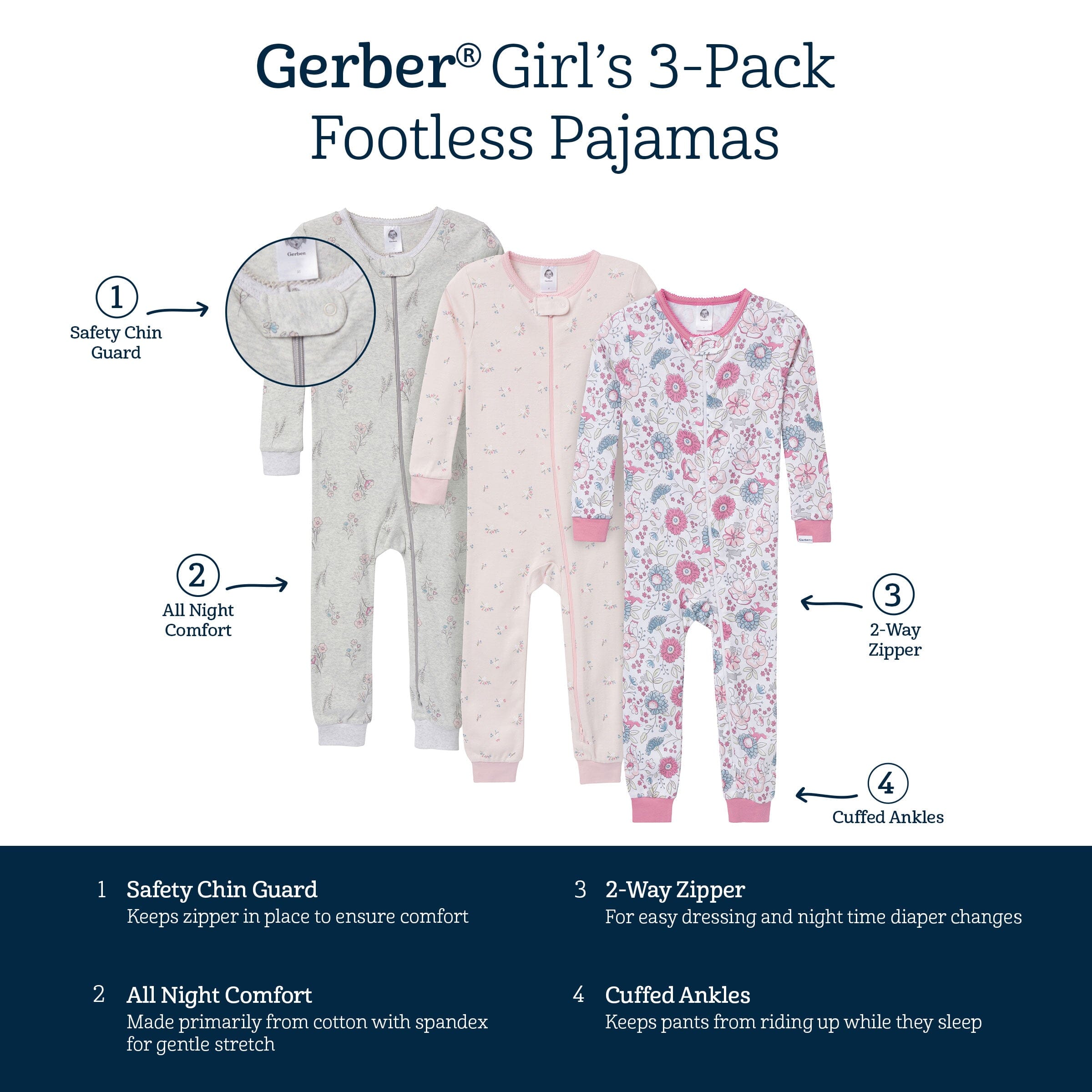 3-Pack Baby & Toddler Girls Woodland Floral Snug Fit Footless Pajamas - Image 5