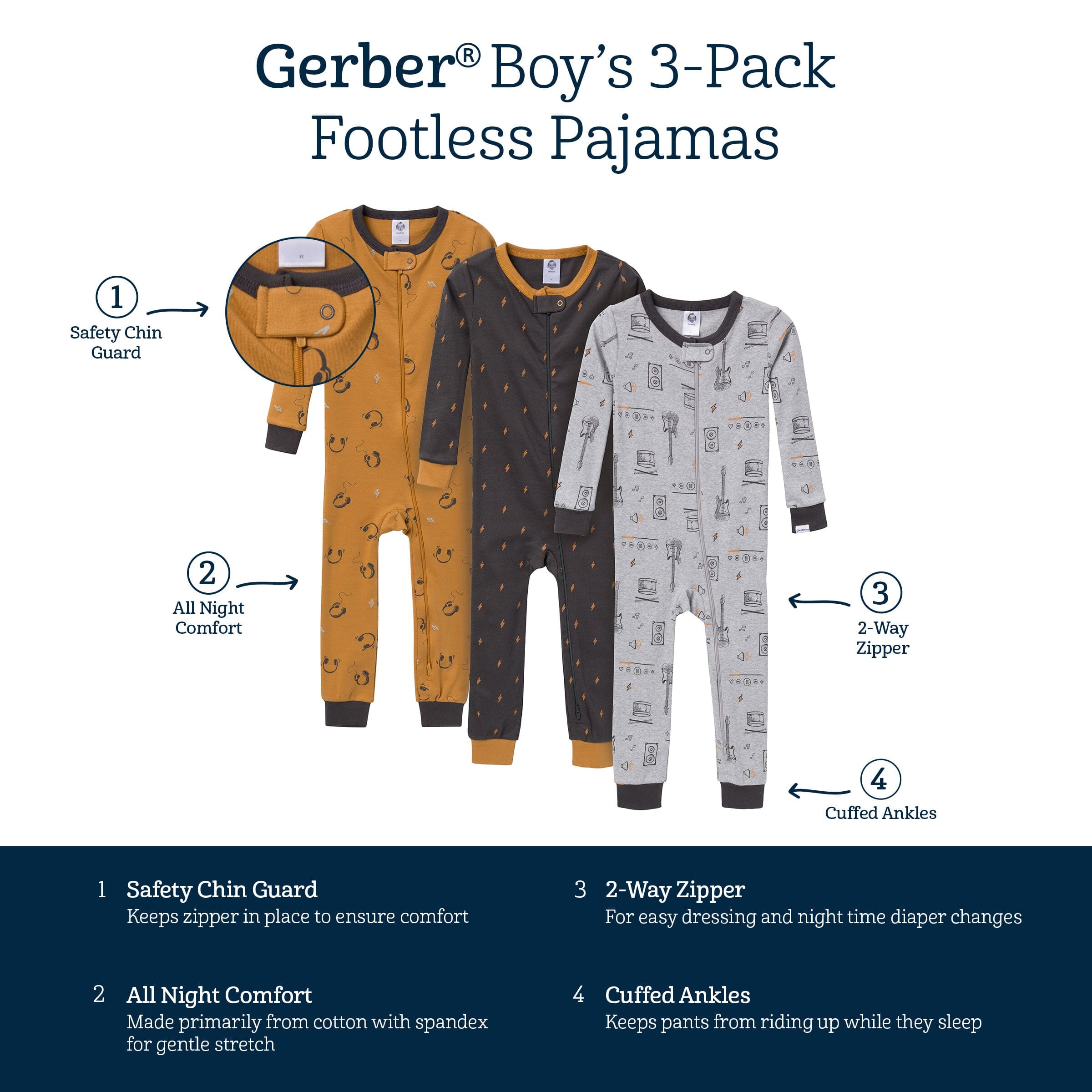 3-Pack Baby & Toddler Boys Music Snug Fit Footless Pajamas - Image 5