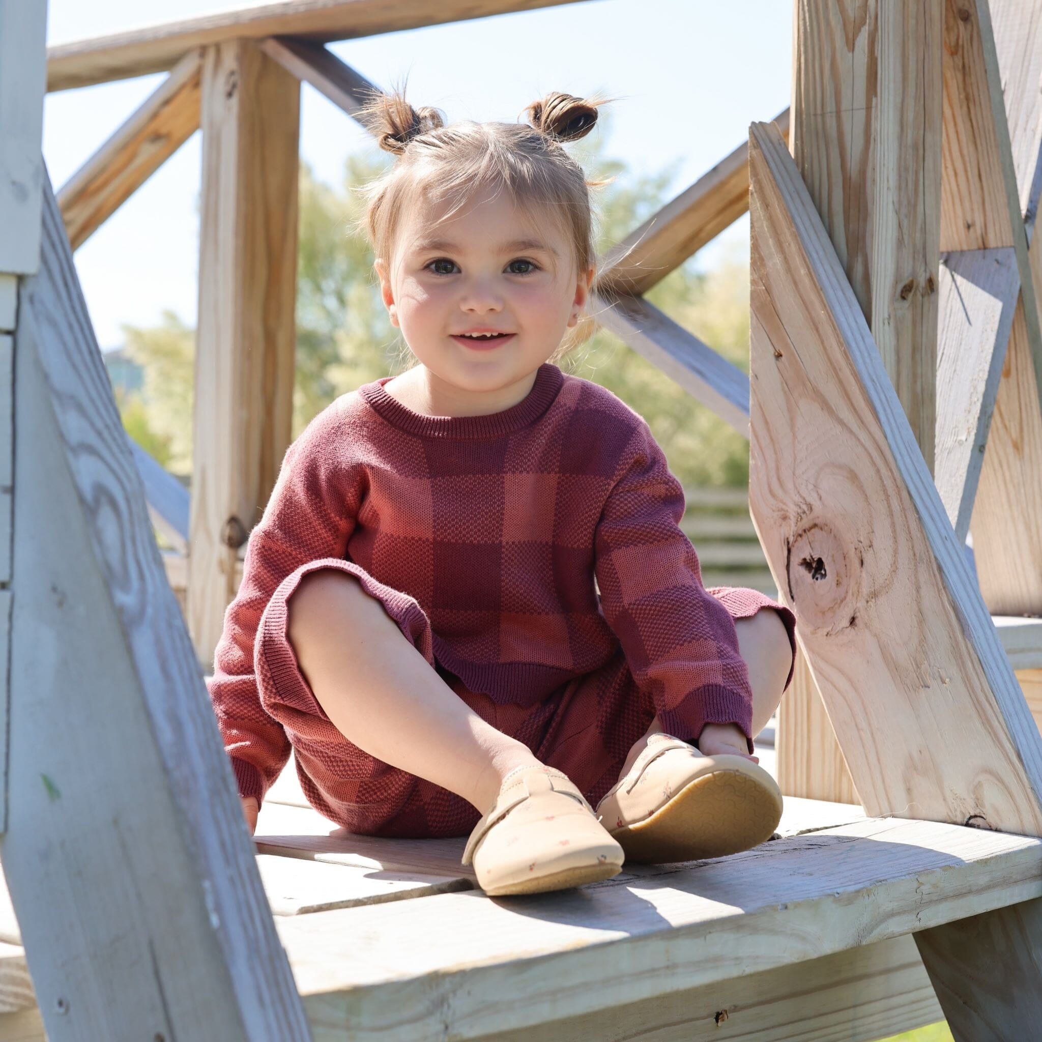 2-Piece Infant & Toddler Girls Dark Rose Large Check Sweater and Pant Set - Image 3