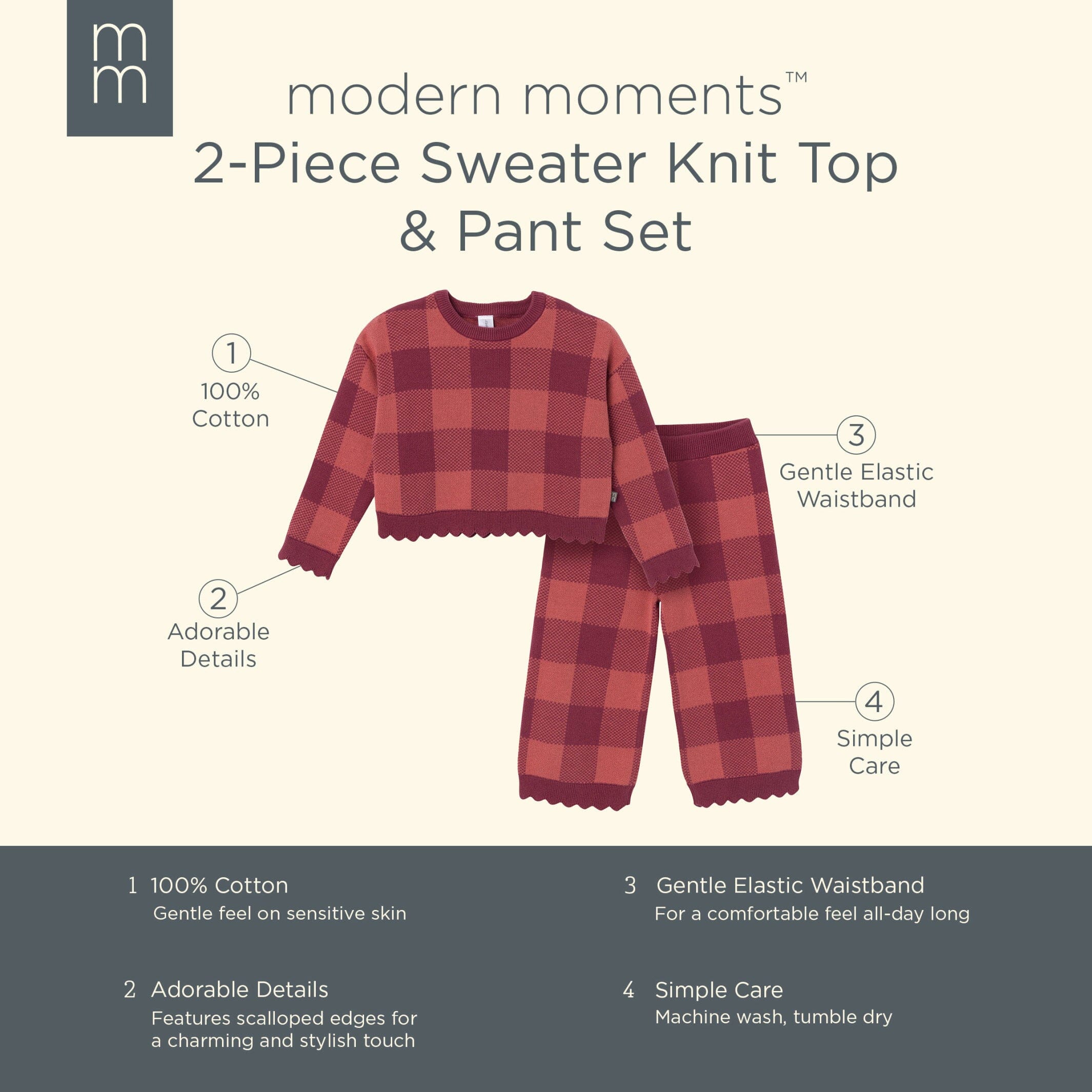 2-Piece Infant & Toddler Girls Dark Rose Large Check Sweater and Pant Set - Image 9