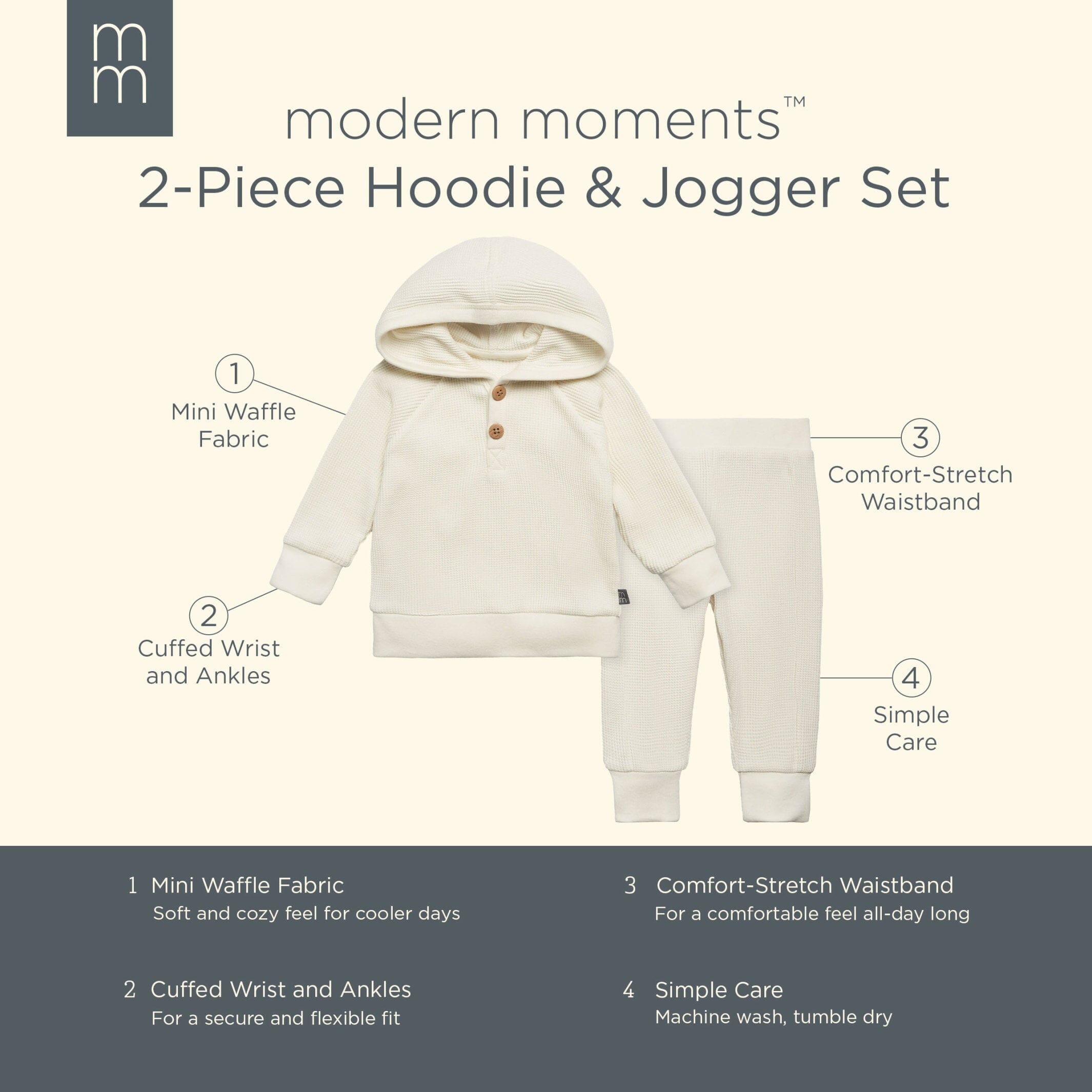 2-Piece Baby Neutral Ivory Waffle Hoodie and Pant Set - Image 7