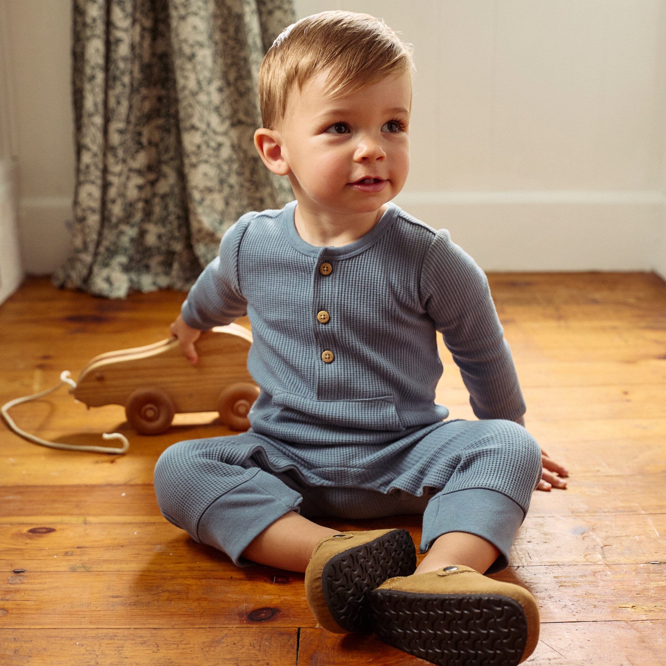 Baby Boys Medium Blue Kangaroo Pocket Waffle Romper - Image 2