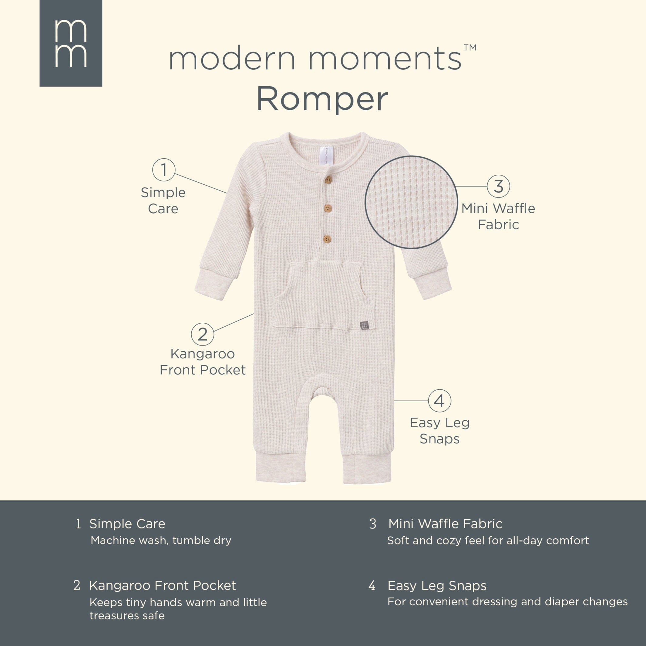 Baby Boys Medium Blue Kangaroo Pocket Waffle Romper - Image 8
