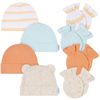 8-Piece Baby Neutral Orange Cap & Mitten Set