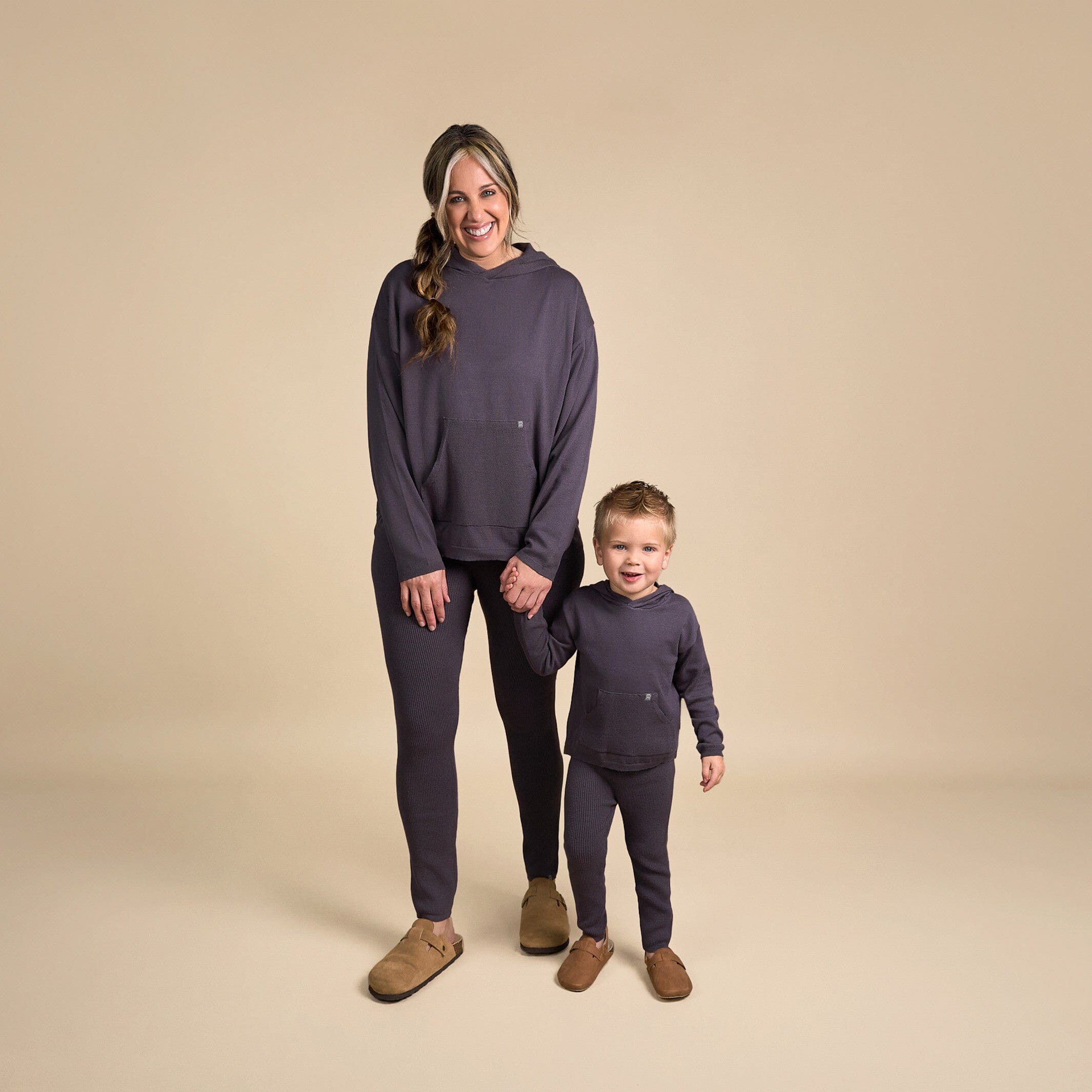 2-Piece Women's Dark Grey Hooded Waffle Top and Legging Viscose Set - Image 2