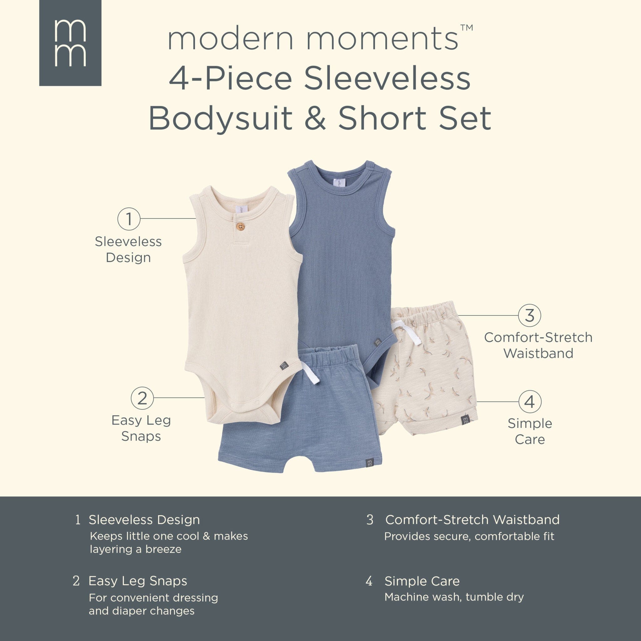4-Piece Baby Boys Tan & Blue Bodysuits and Shorts Set - Image 9