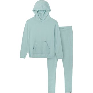 2-Piece Women's Medium Sky Hooded Waffle Top and Legging Viscose Set
