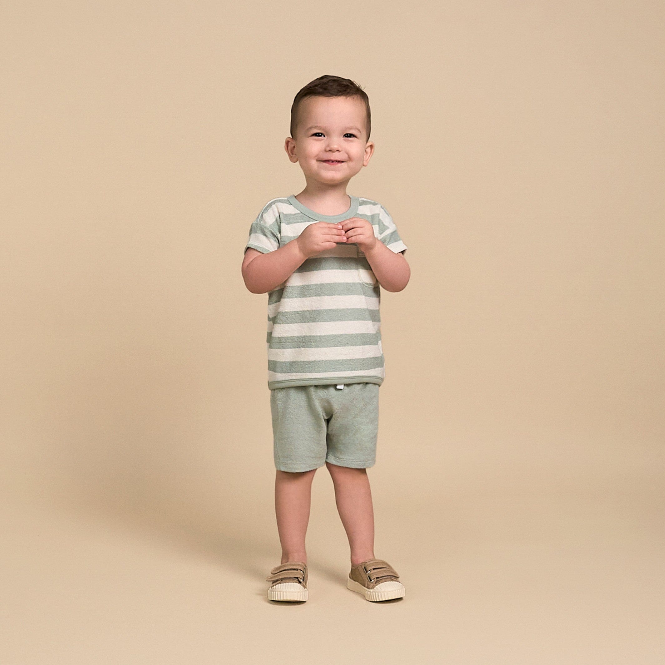 2-Piece Baby Boys Green Stripe Shirt and Shorts Set - Image 2