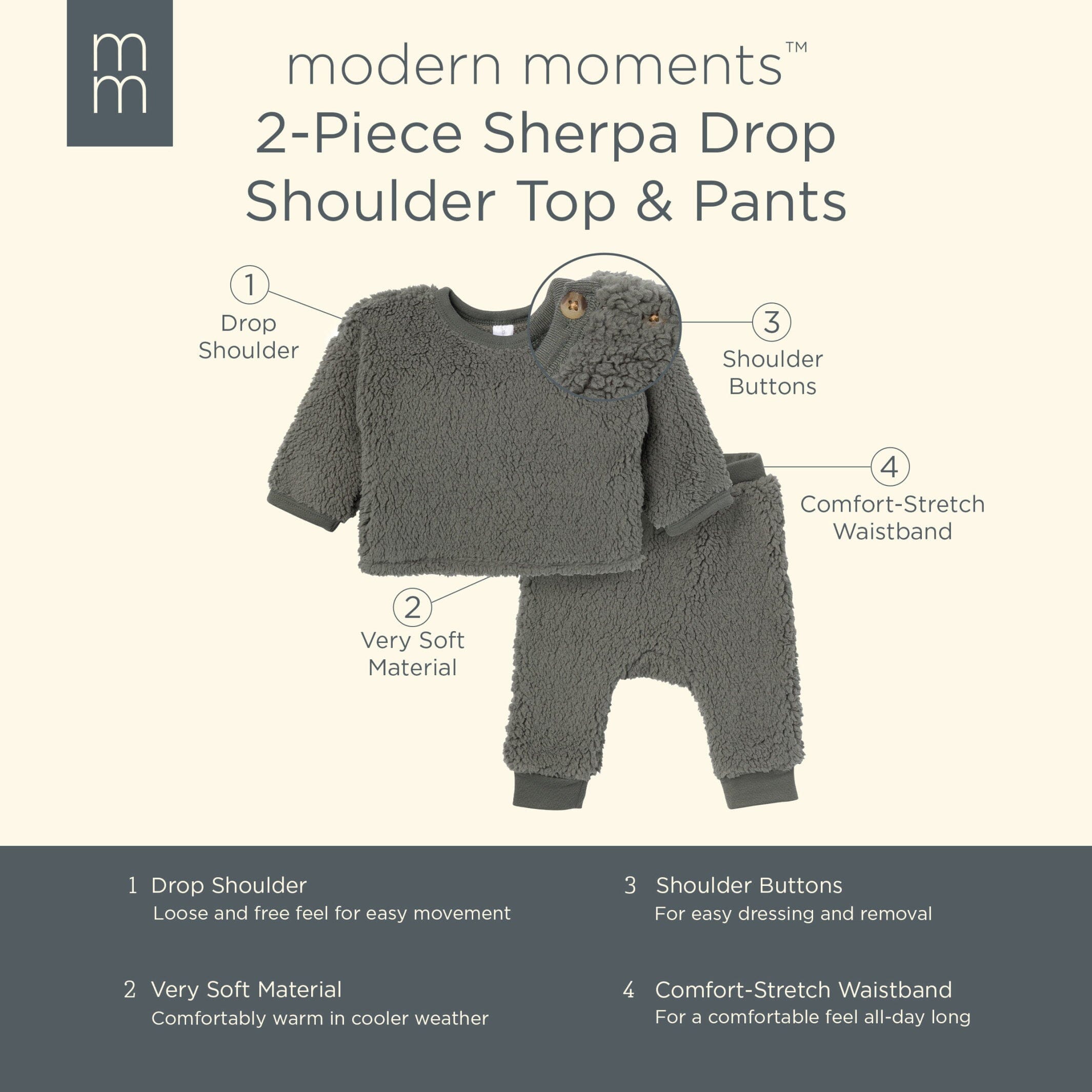 Embroidered 2-Piece Baby Boys Dark Green Sherpa Drop Shoulder Top & Pants - Image 9