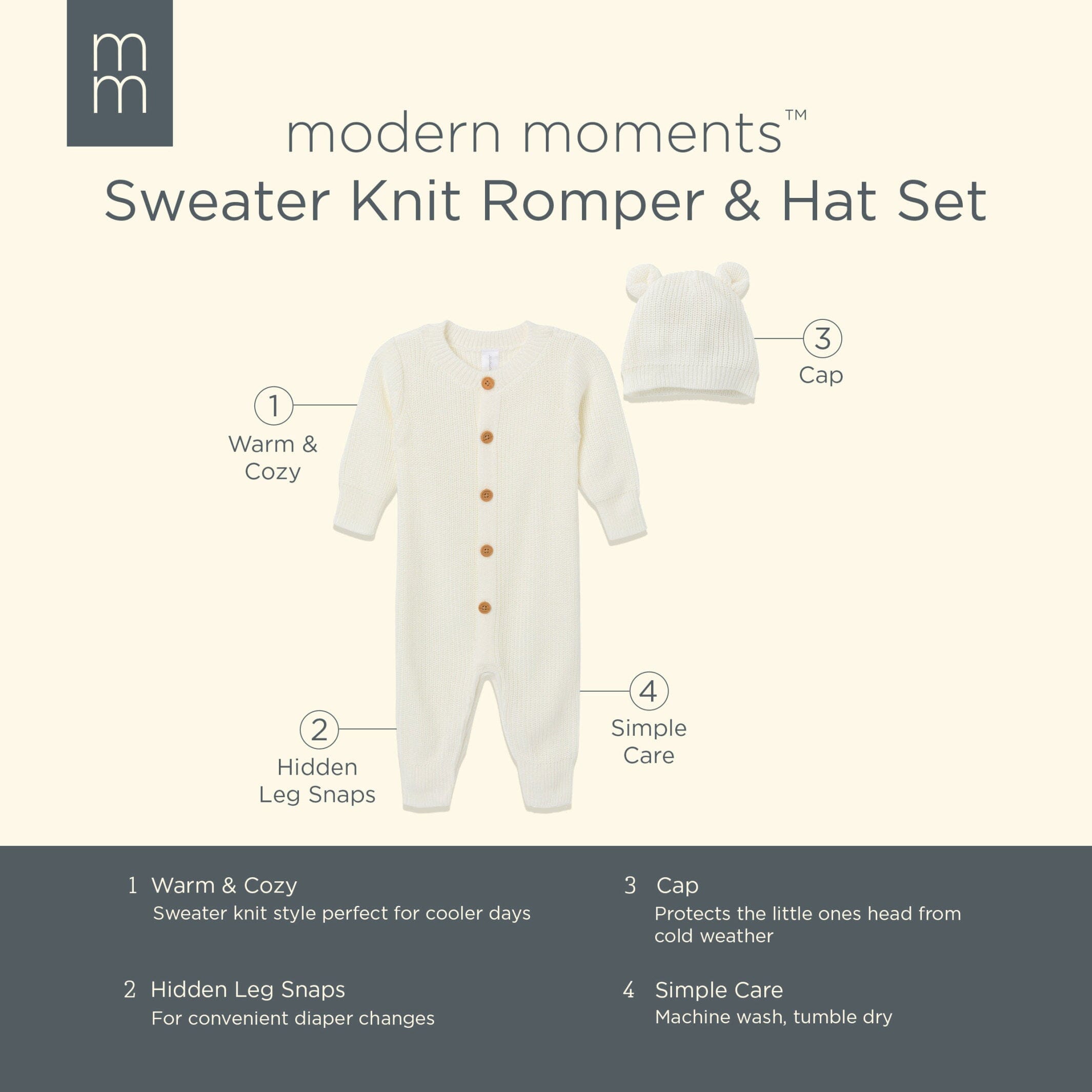 2-Piece Baby Neutral Ivory Sweater Romper & Hat Set - Image 8