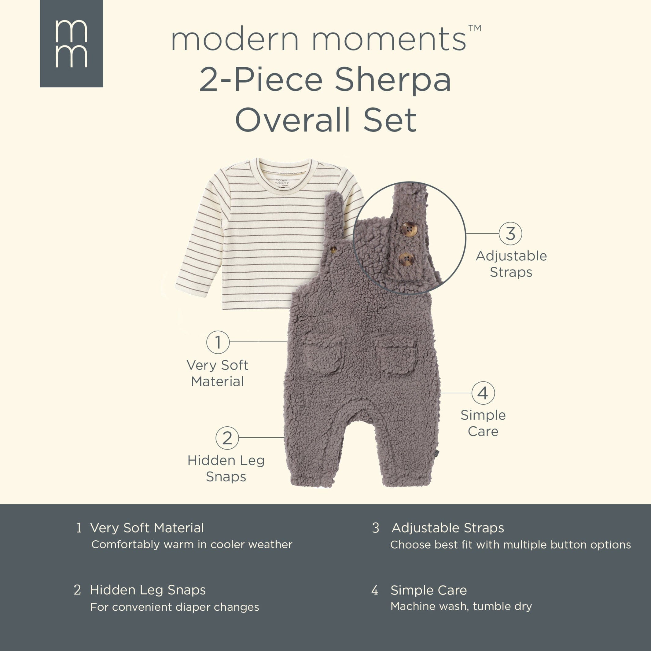 2-Piece Baby Neutral Medium Gray Microplush Overalls - Image 7