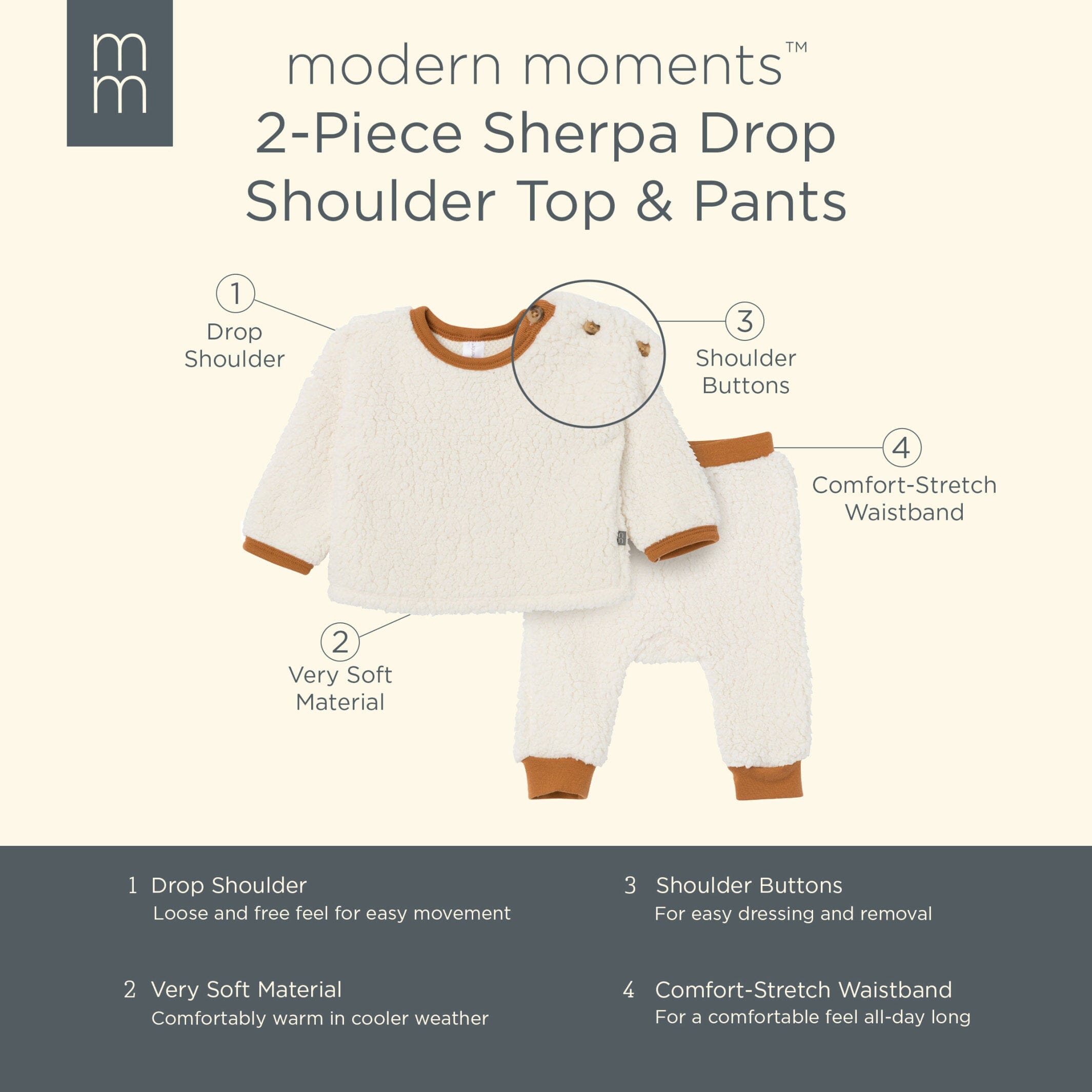 Embroidered 2-Piece Baby Neutral Ivory Sherpa Drop Shoulder Top With Pants - Image 10
