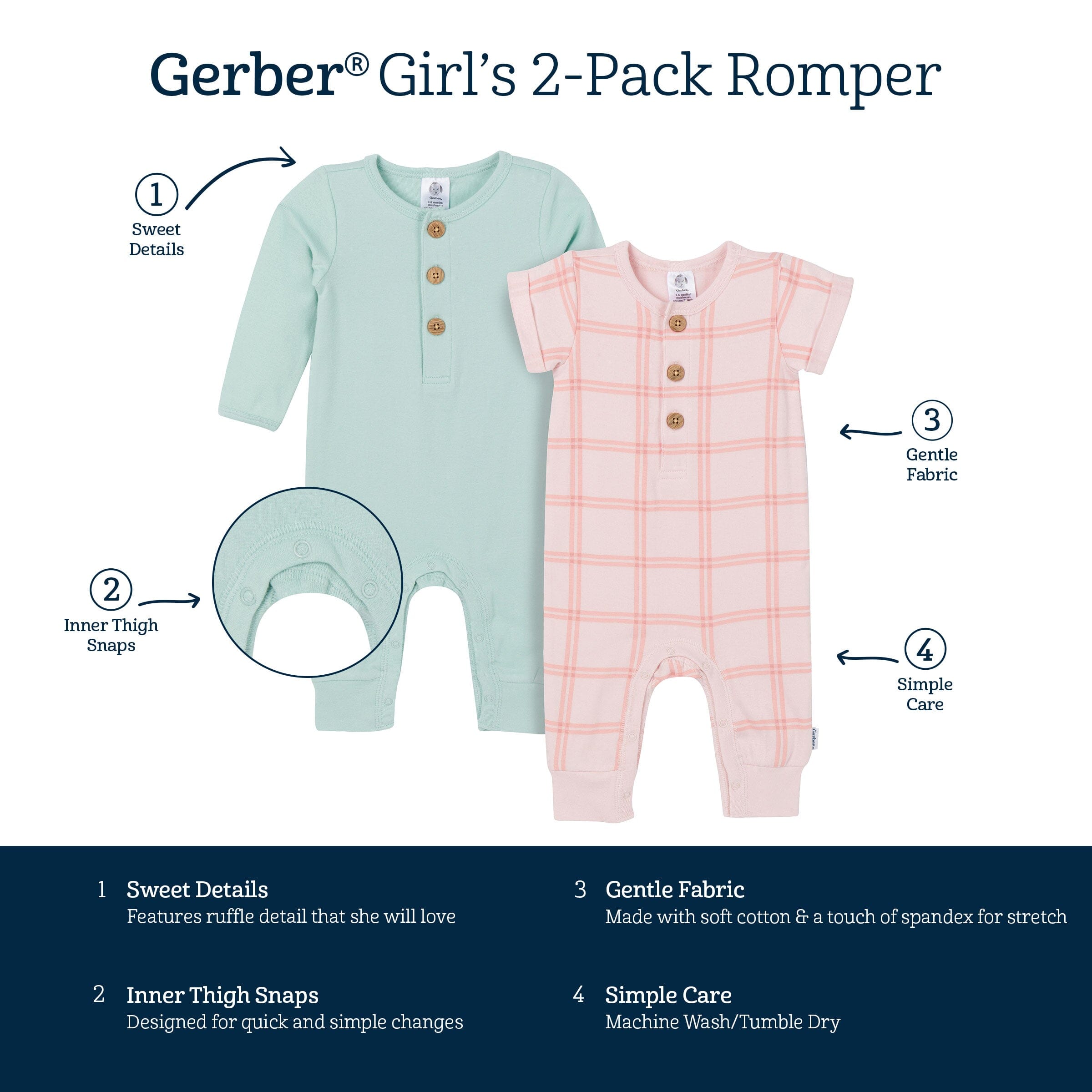 2-Pack Baby Girls Pink Plaid & Green Rompers - Image 7