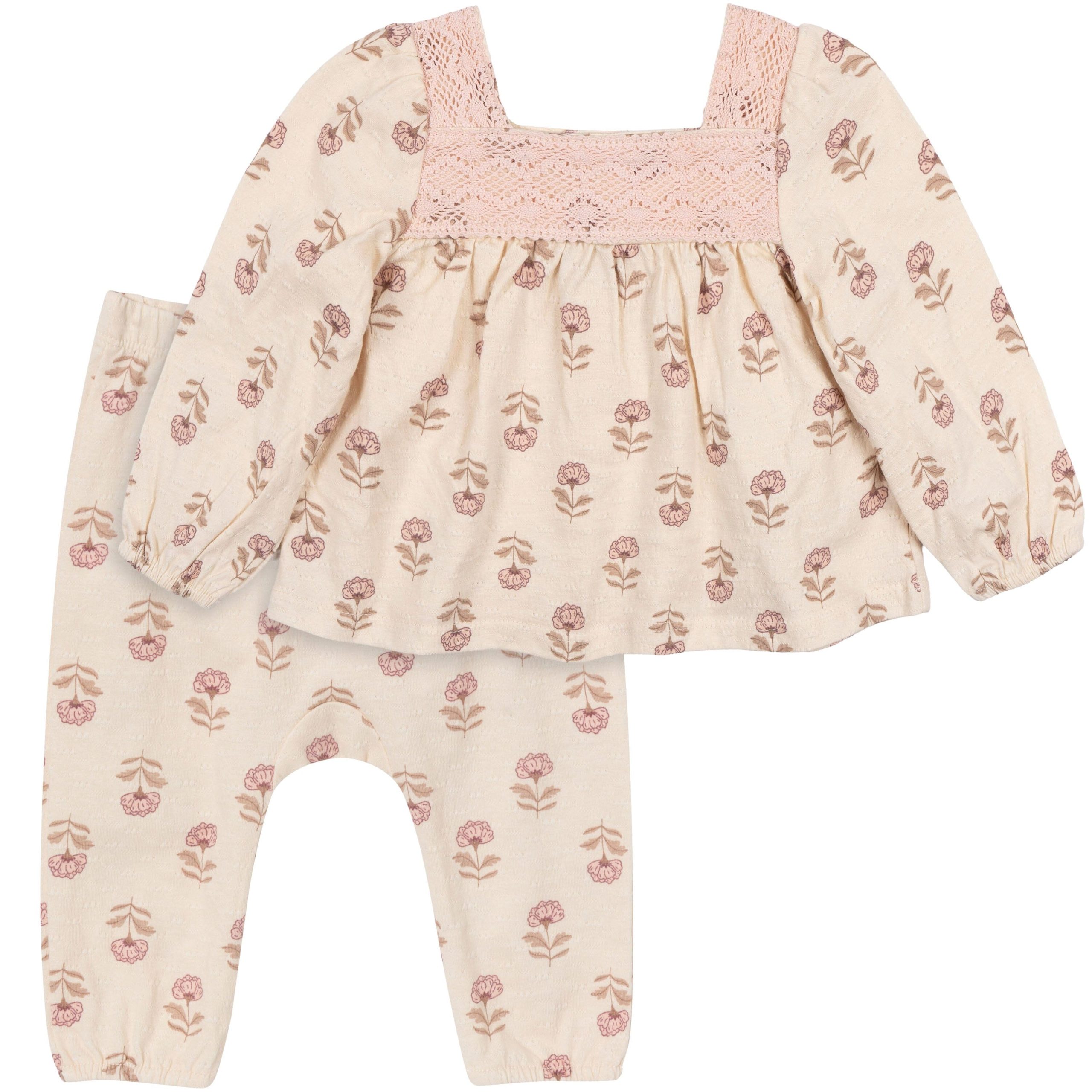 2-Piece Baby Girls Oatmeal Rose Crochet Top & Pant Set