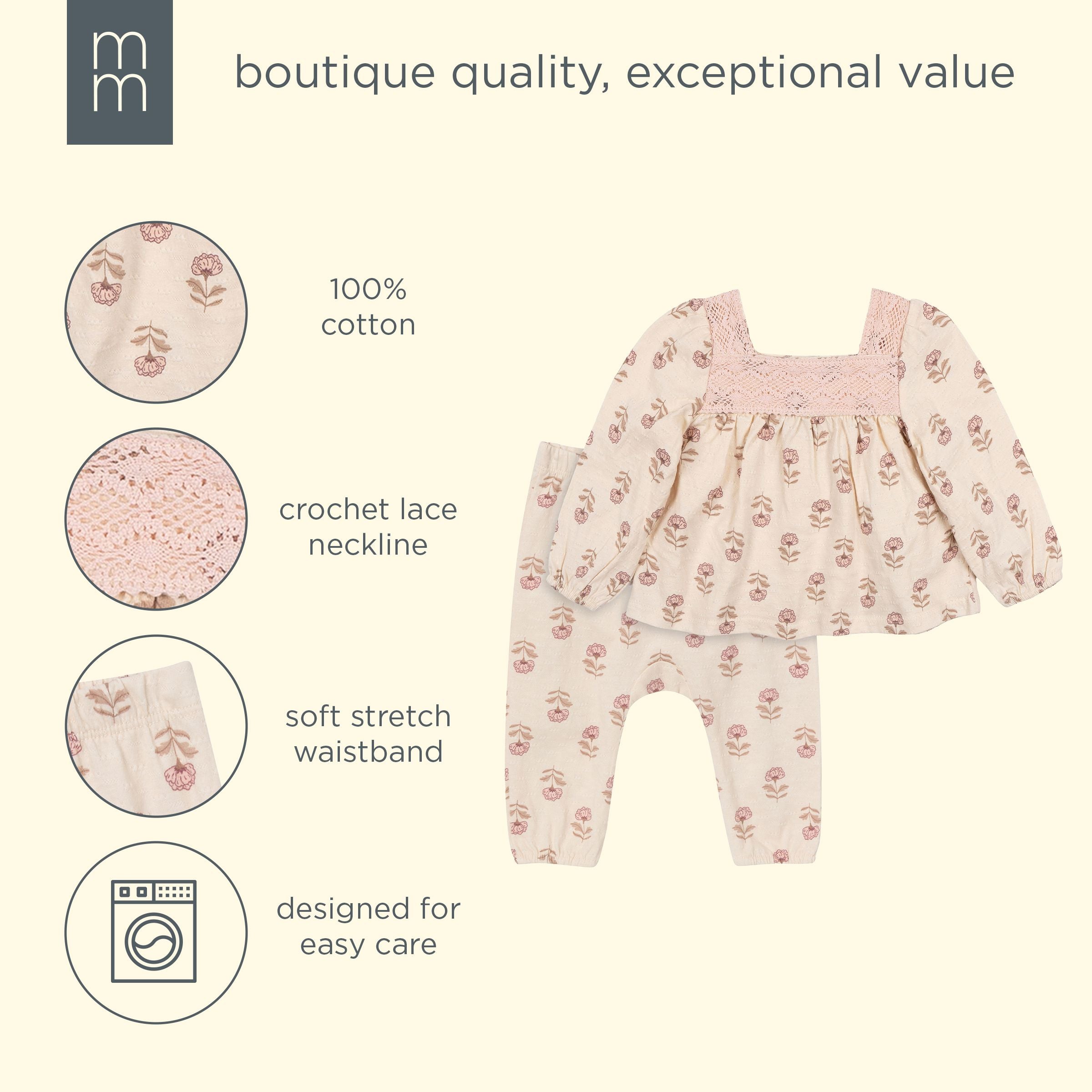 2-Piece Baby Girls Oatmeal Rose Crochet Top & Pant Set - Image 7