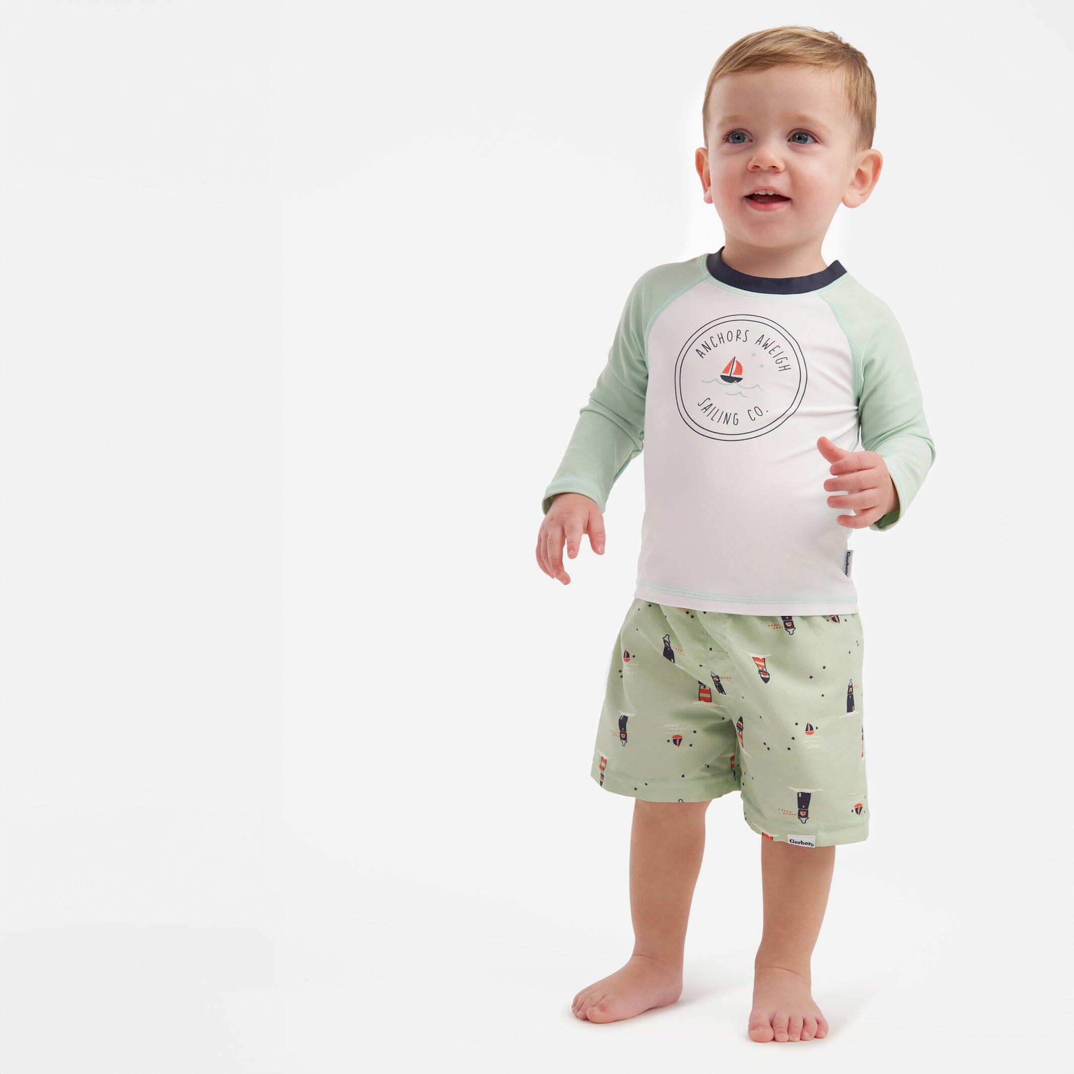 2-Piece Baby & Toddler Boys UPF 50+ Lighthouse Rash Guard & Swim Trunks Set - Image 2
