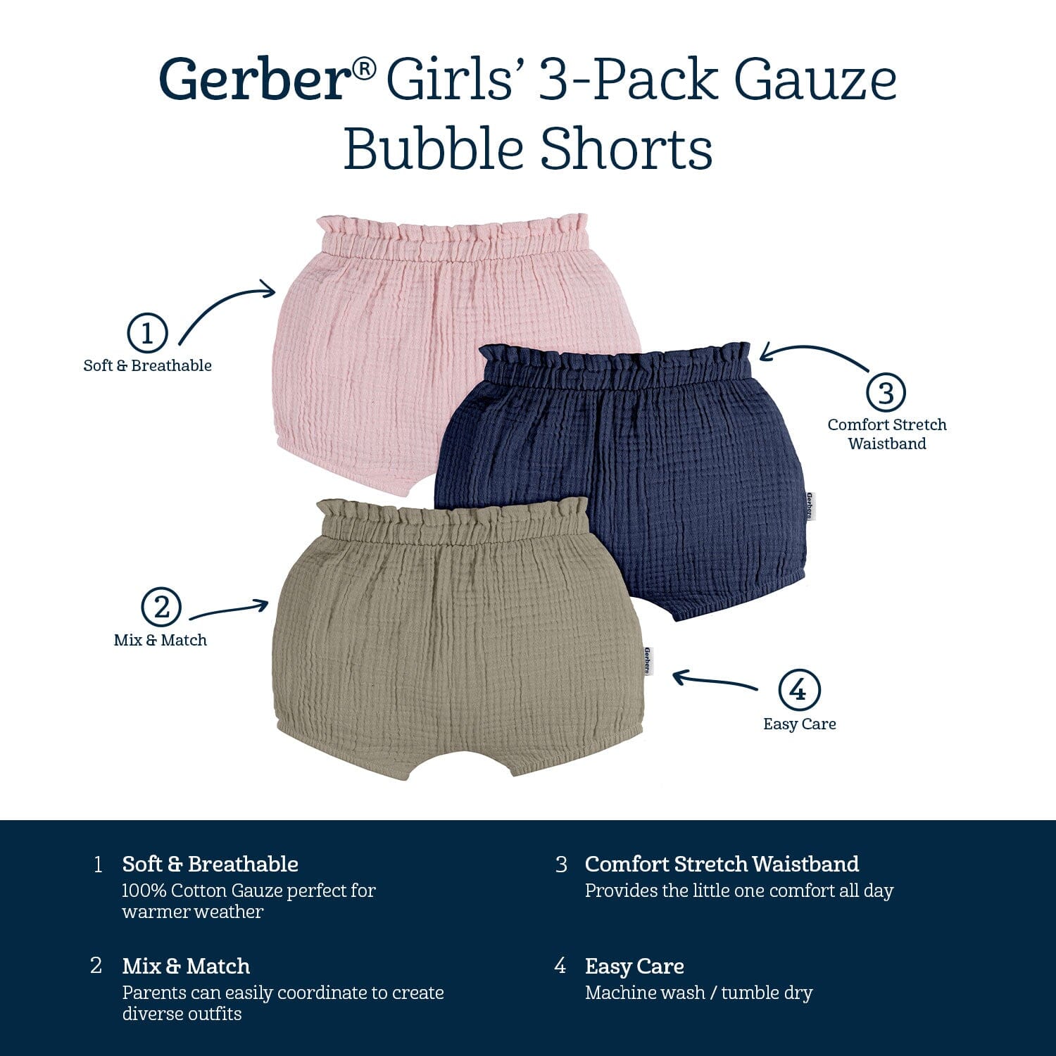 3-Pack Baby Girls Pink, Navy, & Olive Gauze Bubble Shorts - Image 7