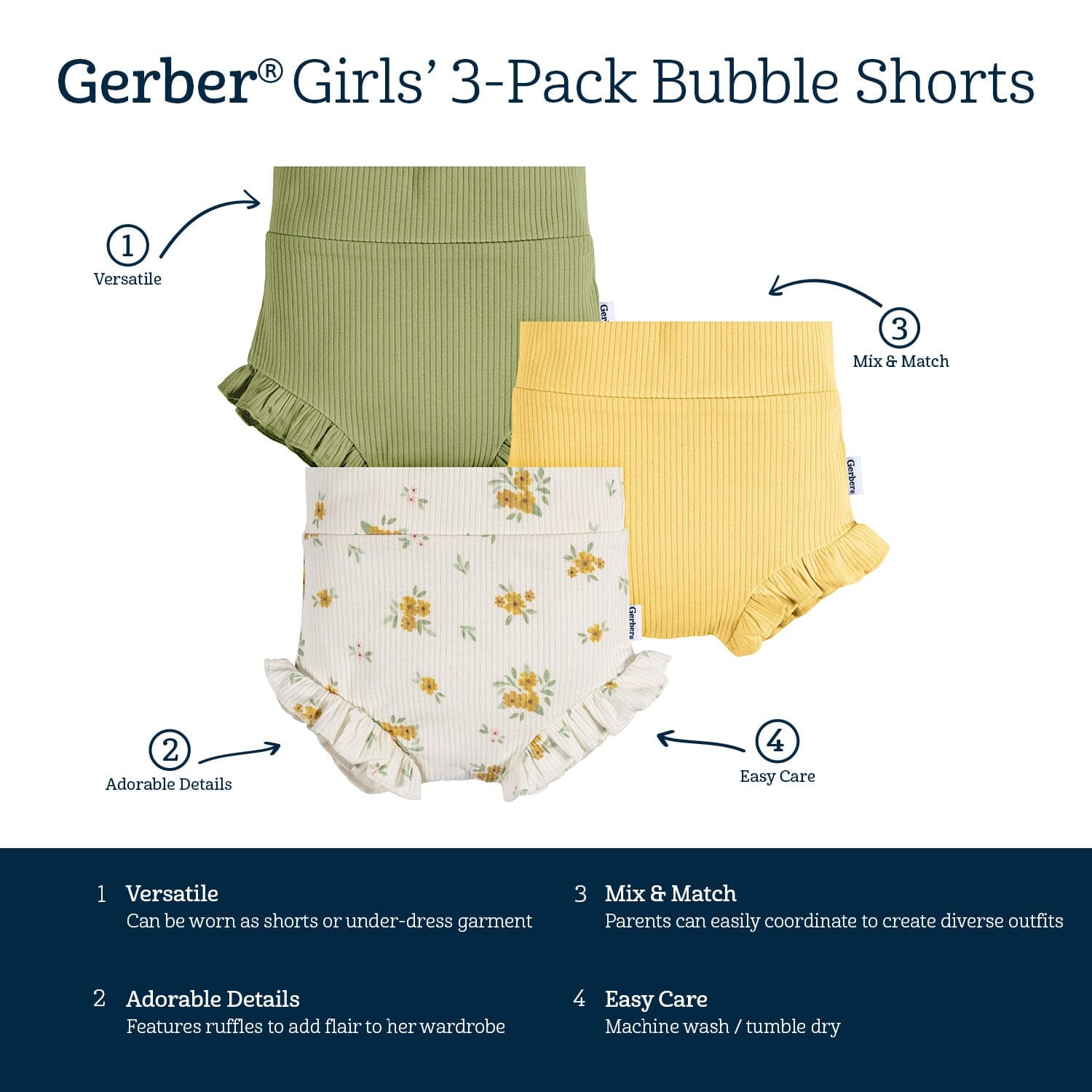 3-Pack Baby Girls Green, Yellow, & Ivory Floral Bloomer Shorts - Image 6