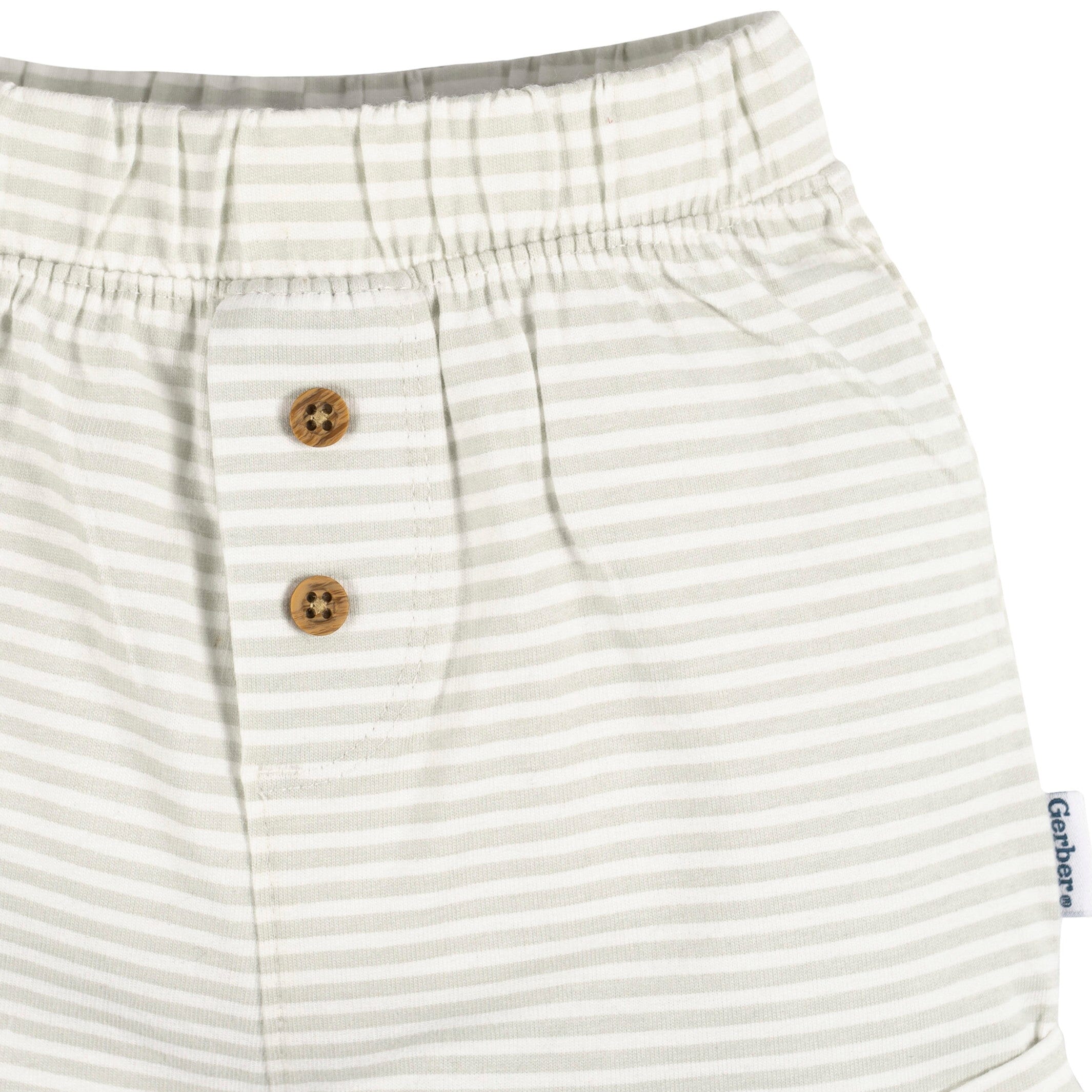 3-Pack Baby Neutral Tan Stripe, Dark Grey Heather, & Black Knit Shorts - Image 3
