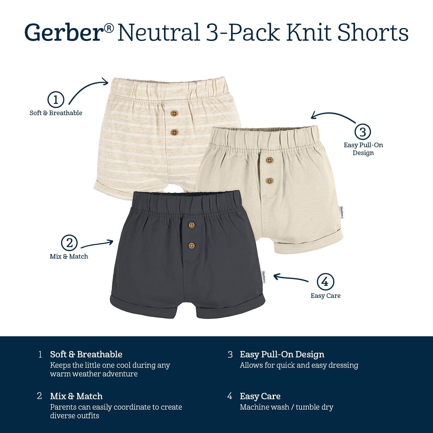 3-Pack Baby Neutral Tan Stripe, Dark Grey Heather, & Black Knit Shorts - Image 6