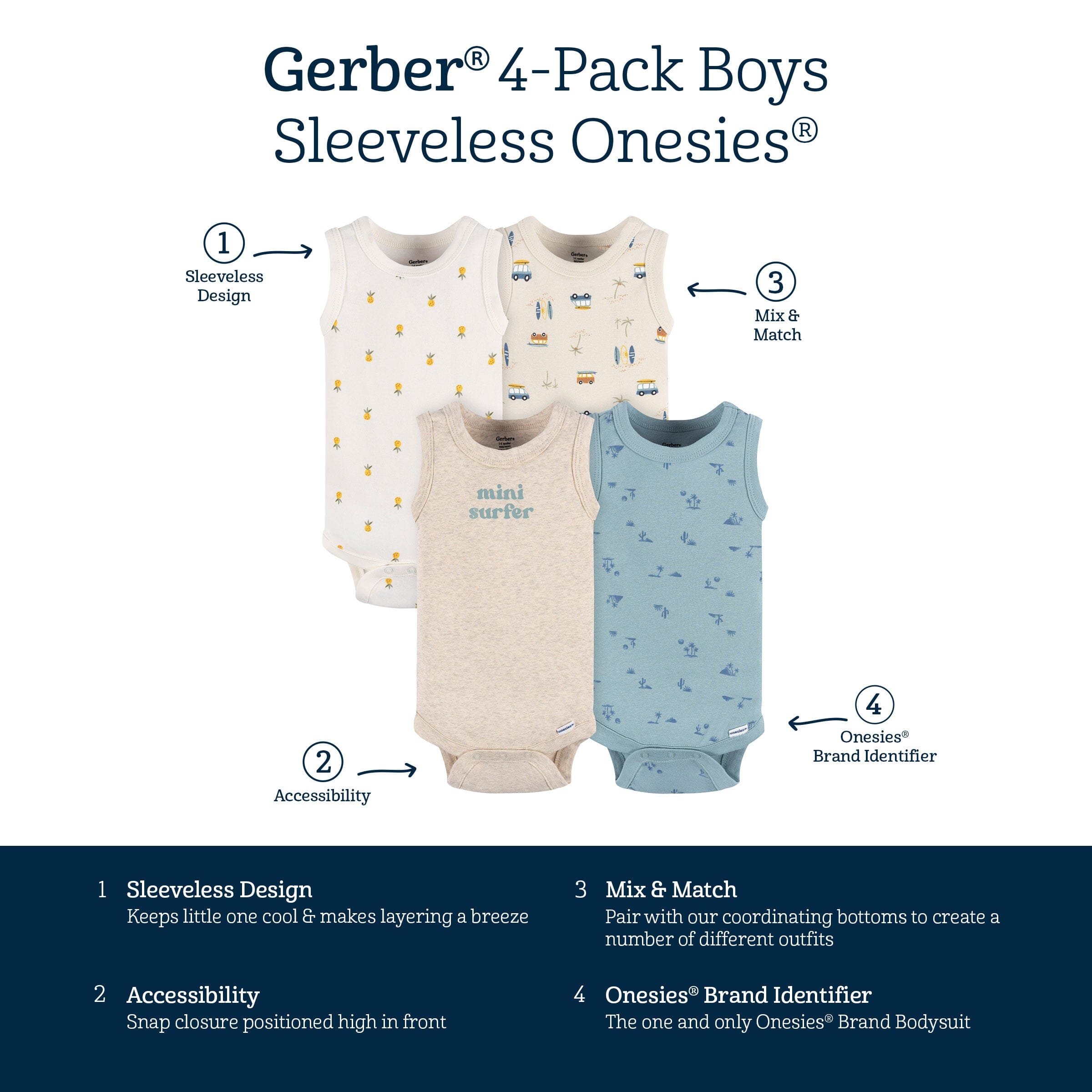 4-Pack Baby Boys Surfer Sleeveless Onesies® Bodysuits - Image 7
