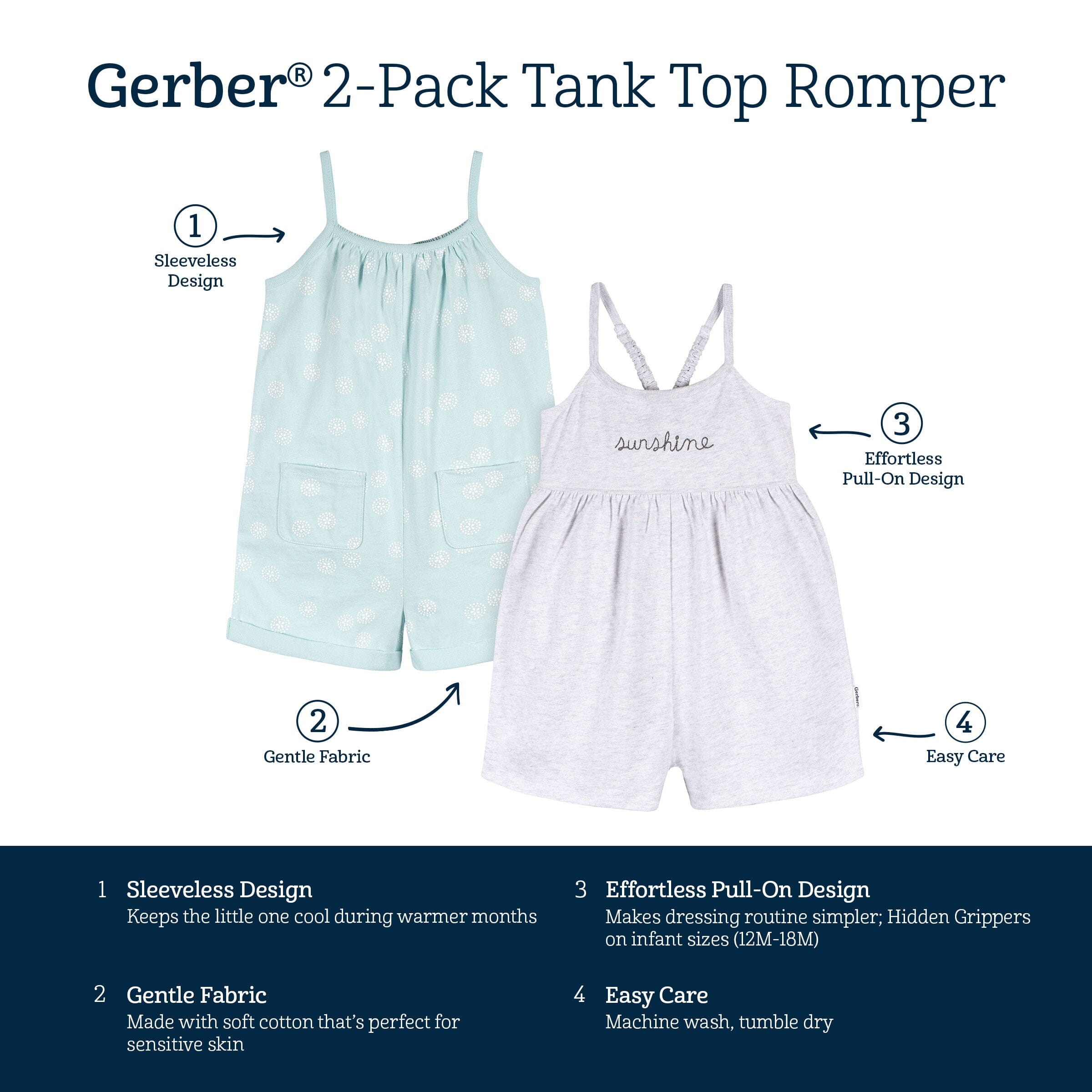 2-Pack Infant and Toddler Girls Light Grey Heather & Sand Dollars Rompers - Image 6