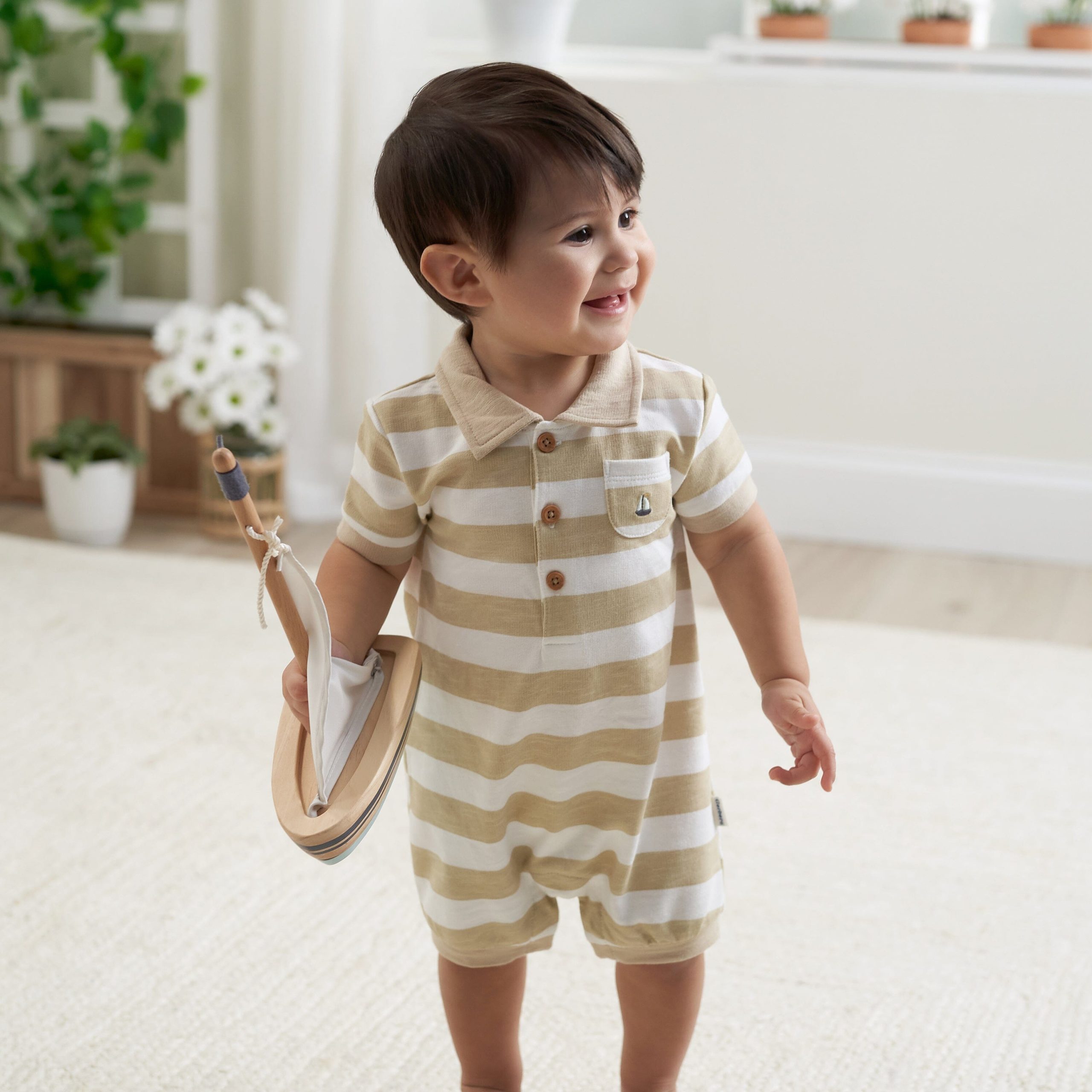 Baby Boys Tan Stripe Collared Romper - Image 2