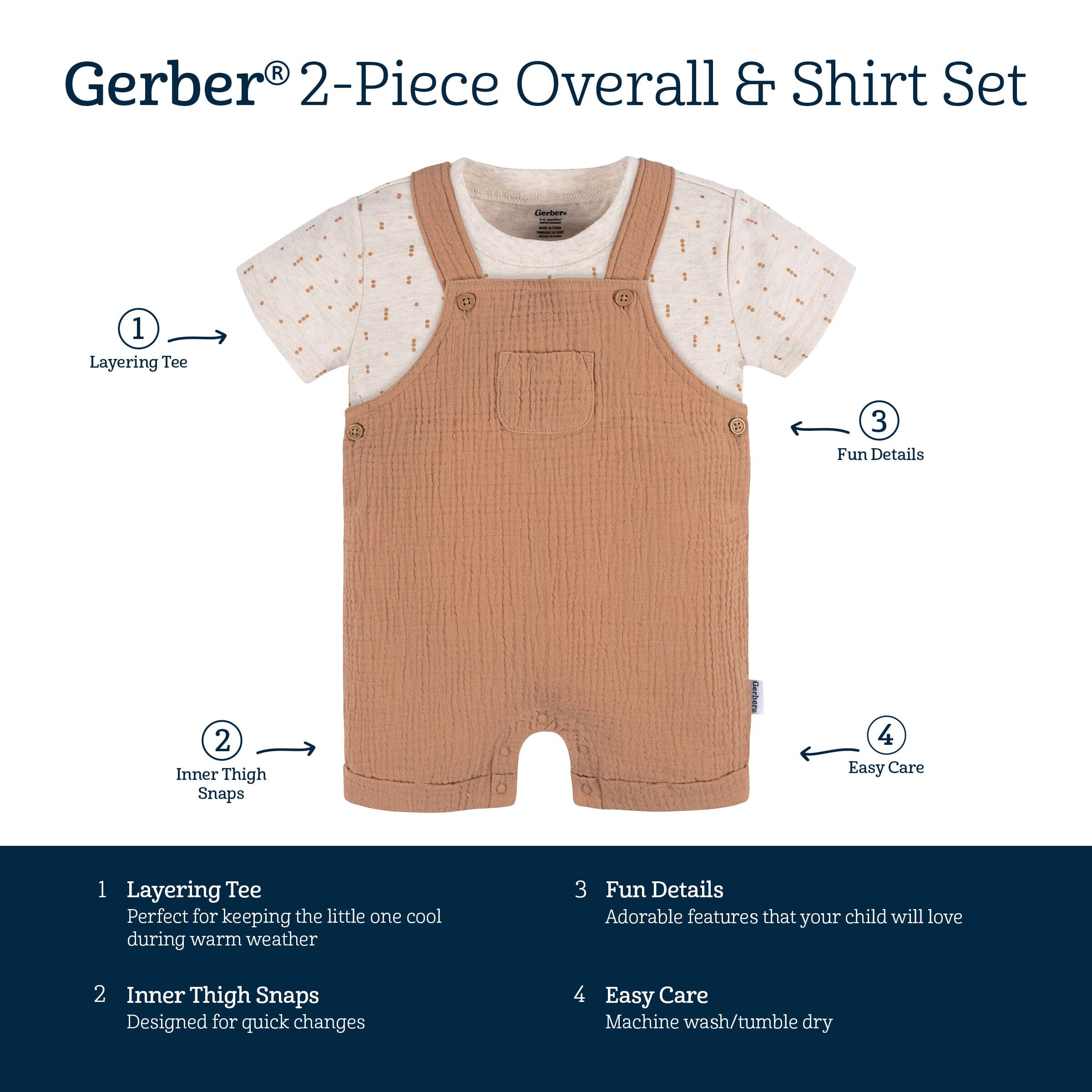 2-Piece Baby Neutral Dots Cotton Gauze Overall Romper and T-Shirt Set - Image 7