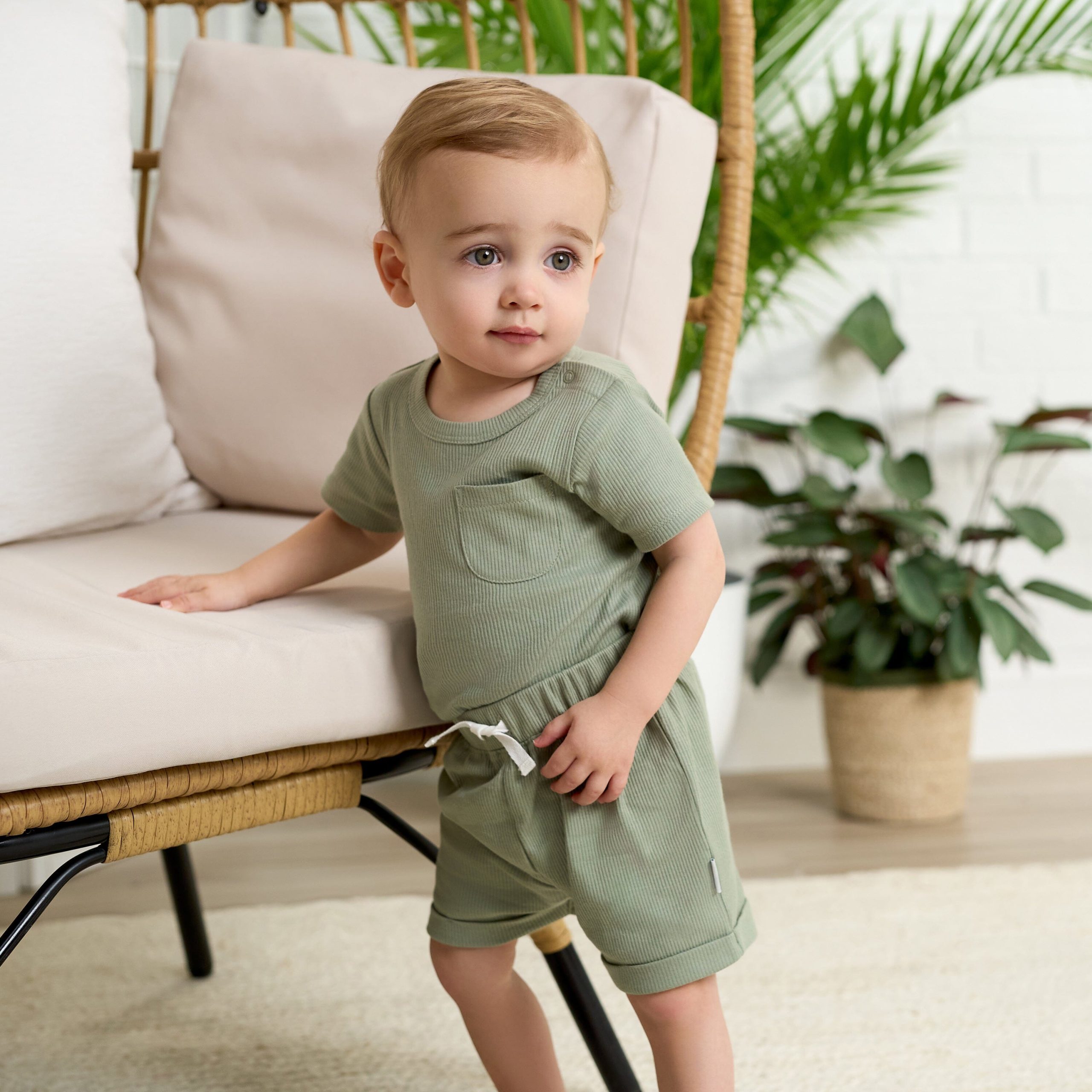 2-Piece Baby Boys Olive Bodysuit and Shorts Set - Image 2
