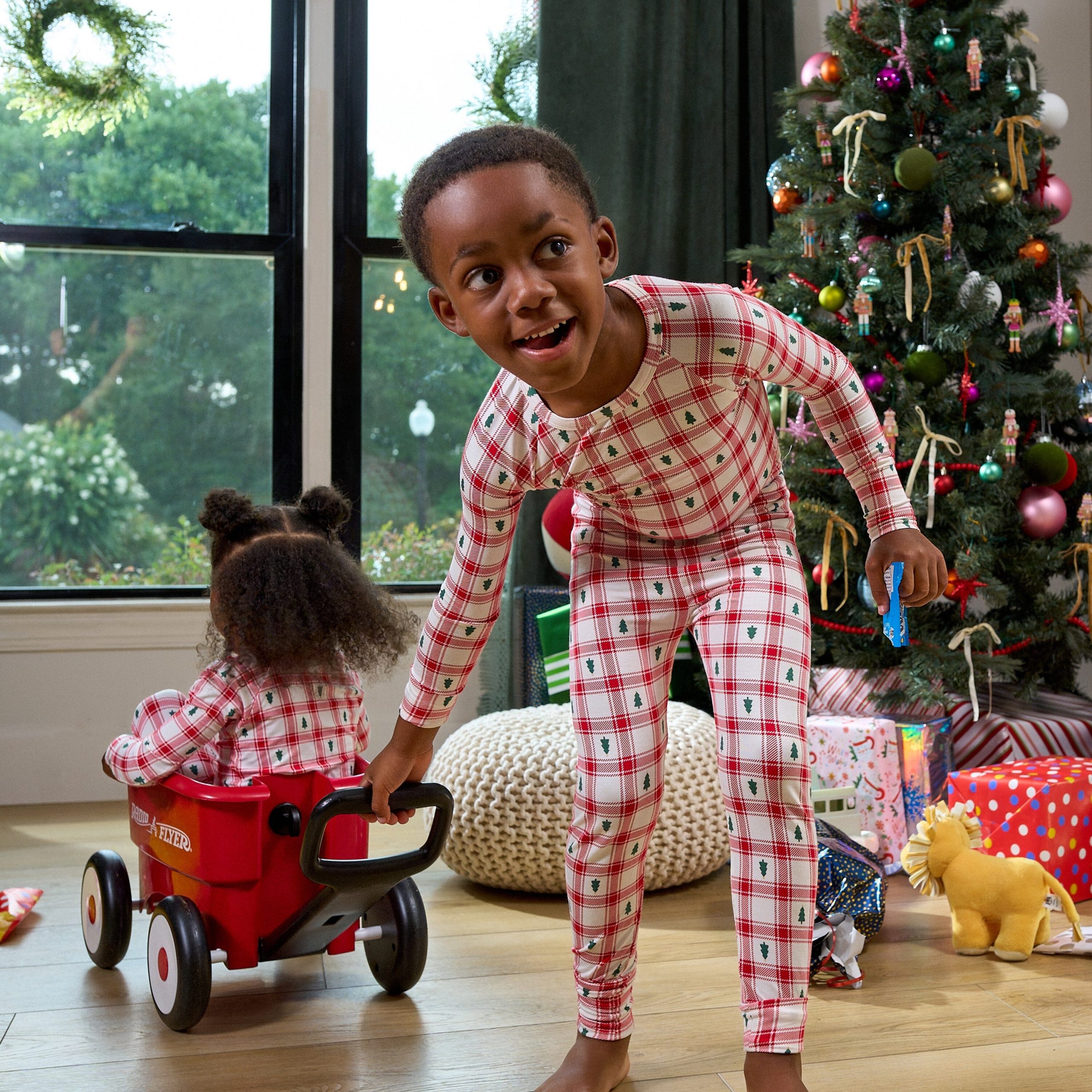 2-Piece Infant & Toddler Neutral Plaid Tree Snug Fit Pajamas - Image 2